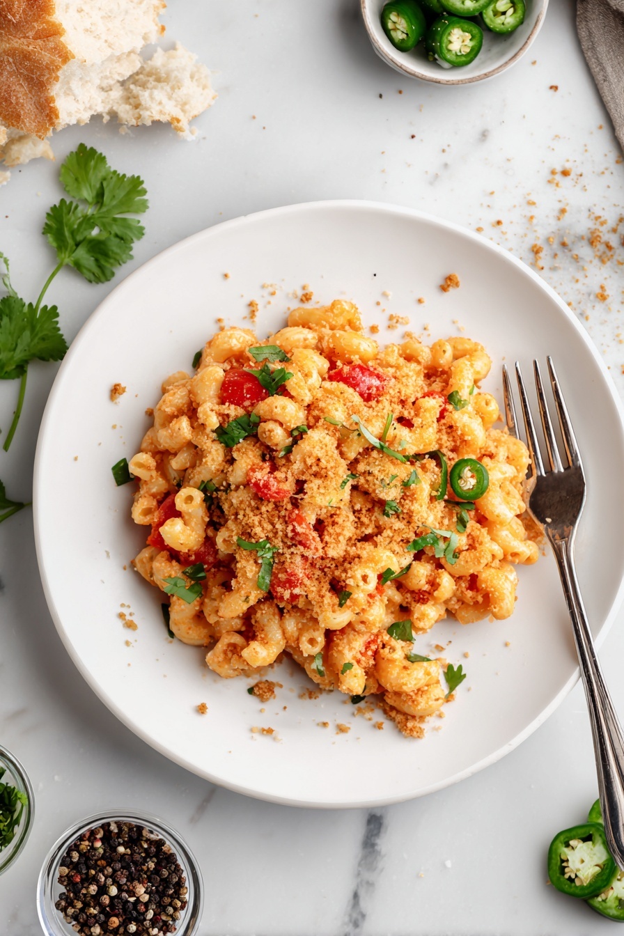 A white round plate holds a dish with three main layers: the bottom layer is creamy orange pasta spirals mixed evenly with small chunks of red tomatoes and pieces of green jalapeño slices, the middle layer is a light brown crumbly topping sprinkled all over, and the top layer has a few green cilantro leaves scattered around for color. A silver fork is placed on the right side of the plate, digging slightly into the pasta. The plate sits on a white marbled surface with some loose black pepper, a piece of torn bread at the top left, and small bowls containing black pepper, jalapeño slices, and green leaves scattered around. photo taken with an iphone --ar 2:3 --v 7 - Chorizo Mac and Cheese, spicy mac and cheese, cheesy chorizo pasta, easy mac and cheese recipes, Tex-Mex mac and cheese