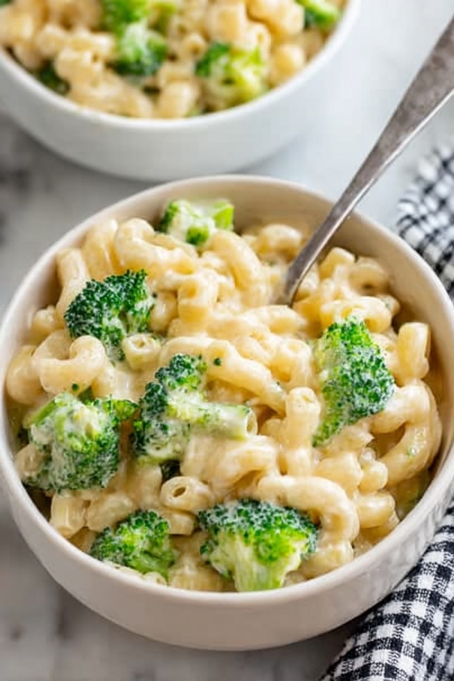 A close-up image shows a white bowl filled with macaroni pasta mixed with bright green broccoli pieces. The macaroni is covered in creamy, light-colored cheese sauce, giving it a smooth texture with some gloss. A metal spoon is partially inside the bowl, holding some pasta and broccoli. In the background, part of another white bowl with the same dish is visible. The bowls are placed on a white marbled surface with a checkered cloth nearby. Photo taken with an iphone --ar 2:3 --v 7 - Broccoli Mac and Cheese, creamy broccoli mac and cheese, easy broccoli pasta dish, healthy mac and cheese, cheesy broccoli casserole
