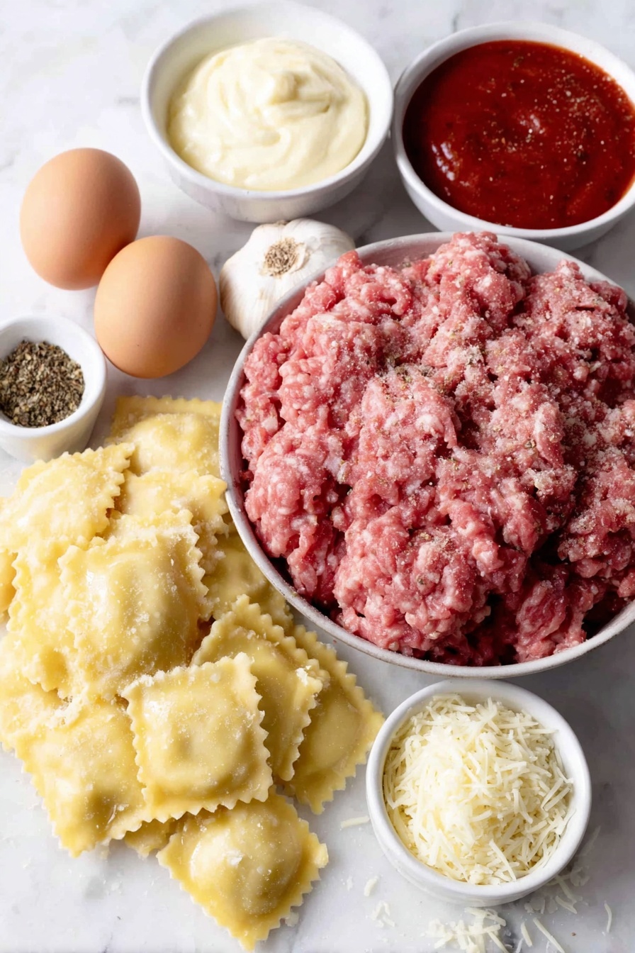 Flat lay of raw ground beef shaped loosely in a pile, a small diced yellow onion in a neat heap, three whole uncracked garlic cloves, a mound of uncooked square ravioli pasta with ruffled edges, a small white ceramic bowl filled with bright red marinara sauce, another small white bowl containing creamy half and half, a small white bowl with finely shredded mozzarella cheese, a tiny white bowl holding reddish-brown Worcestershire sauce, a tiny white bowl with deep orange hot sauce, a small white bowl containing mixed dried herbs powder (basil, oregano, onion powder, mustard powder) finely ground, and two whole brown eggs with clean shells arranged for seasoning with salt and black peppercorns beside them — all ingredients fresh and natural, perfectly balanced and symmetrical on a clean white marble surface, soft natural light, photo taken with an iPhone, professional food photography style, fresh ingredients, white ceramic bowls, no bottles, no duplicates, no utensils, no packaging --ar 2:3 --v 7 --p m7354615311229779997 - Cheesy Baked Ravioli with Meat Sauce, baked ravioli recipe, cheesy ravioli casserole, easy baked ravioli, hearty pasta bake