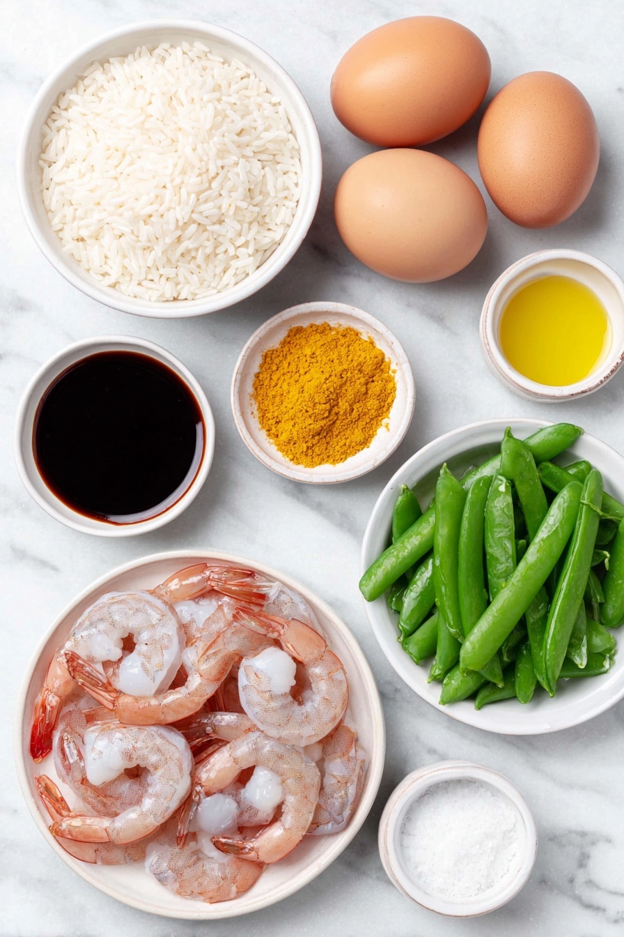 Flat lay of uncooked jasmine rice in a small white ceramic bowl, two whole brown eggs with clean shells, a small white bowl of dark soy sauce, a small white bowl of light soy sauce, a small white bowl of bright yellow turmeric powder, a small white bowl of golden canola oil, a small white bowl of sesame oil, fresh peeled and deveined raw shrimp arranged naturally, a medium yellow onion diced in a small white ceramic dish, bright green chopped snow peas in a small white bowl, a single fresh green scallion chopped on a white ceramic plate, a small white bowl of Shaoxing wine, and a pinch of white granulated sugar and salt in separate tiny white bowls, all ingredients fresh and natural, perfectly balanced and symmetrical, placed on a clean white marble surface, soft natural light, photo taken with an iPhone, professional food photography style, fresh ingredients, white ceramic bowls, no bottles, no duplicates, no utensils, no packaging --ar 2:3 --v 7 --p m7354615311229779997 - Shrimp Fried Rice, easy shrimp fried rice, homemade shrimp fried rice, savory shrimp fried rice, quick shrimp fried rice