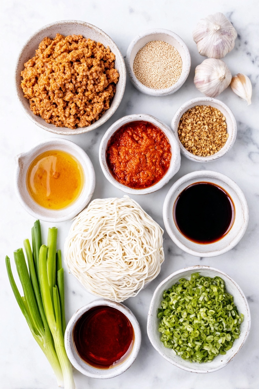Flat lay of a small white ceramic bowl of creamy Chinese sesame paste, a small white bowl of vibrant red Chinese chili paste in oil, a small white bowl of dark light soy sauce, two whole uncracked garlic cloves, a small white bowl of fine white sugar, a small white bowl of Chinese five spice powder, a small white bowl of ground Sichuan pepper powder, a small white bowl of bright red chili oil, a small white bowl of golden chicken broth, a small white bowl of glossy dark hoisin sauce, a small white bowl of dark soy sauce, a small white bowl of clear Chinese cooking wine, a small white bowl of vegetable oil, a neat pile of fresh pale pink ground pork mince, a small white bowl of finely chopped preserved mustard greens, a nest of fresh white medium-thickness noodles, several fresh green choy sum stems cut into 15cm pieces, two whole green onions finely sliced, and a small white bowl of finely chopped peanuts, all arranged symmetrically on a clean white marble surface, soft natural light, photo taken with an iPhone, professional food photography style, fresh ingredients, white ceramic bowls, no bottles, no duplicates, no utensils, no packaging --ar 2:3 --v 7 --p m7354615311229779997 - Spicy Dan Dan Noodles with Pork, easy Dan Dan noodles, homemade Dan Dan noodles, Sichuan pork noodle recipe, spicy noodle bowl