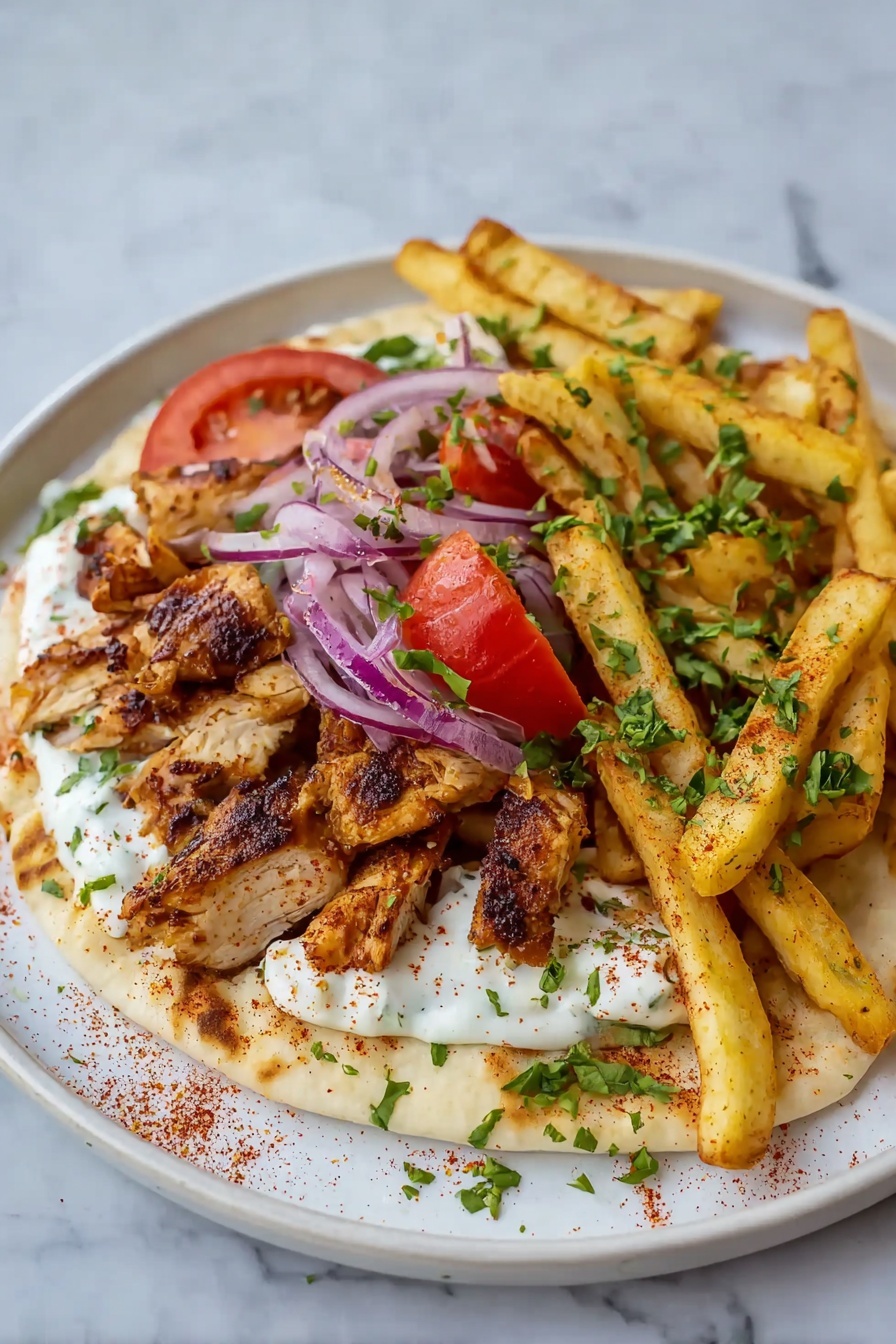 The dish shows a white plate with a flatbread base topped with white creamy sauce, sprinkled with red seasoning. On top of the sauce are sliced red tomatoes and thin purple onion slices. Above these are several pieces of grilled chicken with a brown crispy outside. On one side of the plate near the chicken are thick golden brown fries sprinkled with green chopped herbs. More green chopped herbs are scattered over the chicken and fries. The plate sits on a white marbled surface. photo taken with an iphone --ar 2:3 --v 7 - Easy Chicken Shawarma Wraps, Chicken Shawarma Wraps with Garlic Yoghurt, flavorful chicken wraps, quick shawarma recipes, homemade chicken wraps
