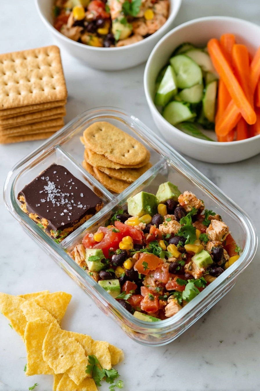 A clear glass divided container sits on a white marbled surface, with the largest section filled with a colorful mix of diced chicken, black beans, corn, tomato, and green herbs, topped with chunks of avocado and cilantro leaves. One smaller side section holds stacked golden brown crackers next to a square piece of chocolate-covered dessert sprinkled with salt. The other smaller side section contains fresh cucumber slices and orange carrot sticks. Nearby, there is a white bowl filled with more of the chicken and bean mix and a small white bowl with extra avocado pieces. Three yellow tortilla chips and some green leafy herbs are scattered around the containers. Photo taken with an iphone --ar 2:3 --v 7 - Southwest Chicken Salad with Black Beans, Southwest Chicken Salad, Black Bean Chicken Salad, Healthy Southwest Chicken Salad, Easy Southwest Salad