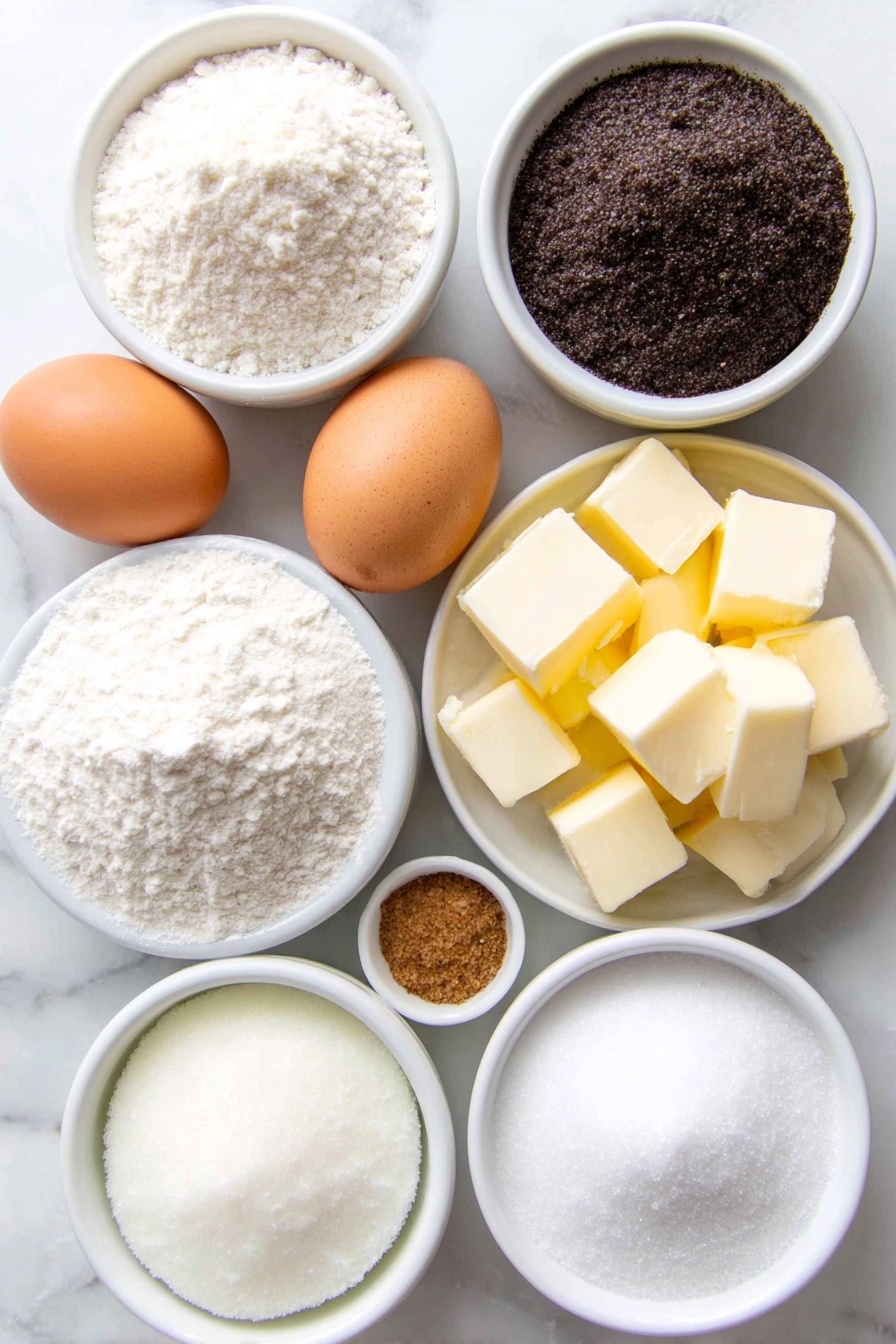 Flat lay of a small white ceramic bowl of gluten free flour, a small white ceramic bowl of dark brown sugar, a small white ceramic bowl of powdered sugar, two whole brown eggs with clean shells, a few small chunks of unsalted butter, a small white ceramic bowl of coconut oil solid pieces, a small white ceramic bowl of maple syrup, a small white ceramic bowl of vanilla extract, a small white ceramic bowl of ground cinnamon powder, a small white ceramic bowl of kosher salt, and a small white ceramic bowl of almond milk placed on a clean white marble surface, soft natural light, photo taken with an iPhone, professional food photography style, fresh ingredients, white ceramic bowls, no bottles, no duplicates, no utensils, no packaging --ar 2:3 --v 7 --p m7354615311229779997 - Brown Sugar Cookie Tarts, brown sugar cookie tart recipe, cinnamon sugar tart, homemade cookie tarts, chewy buttery dessert