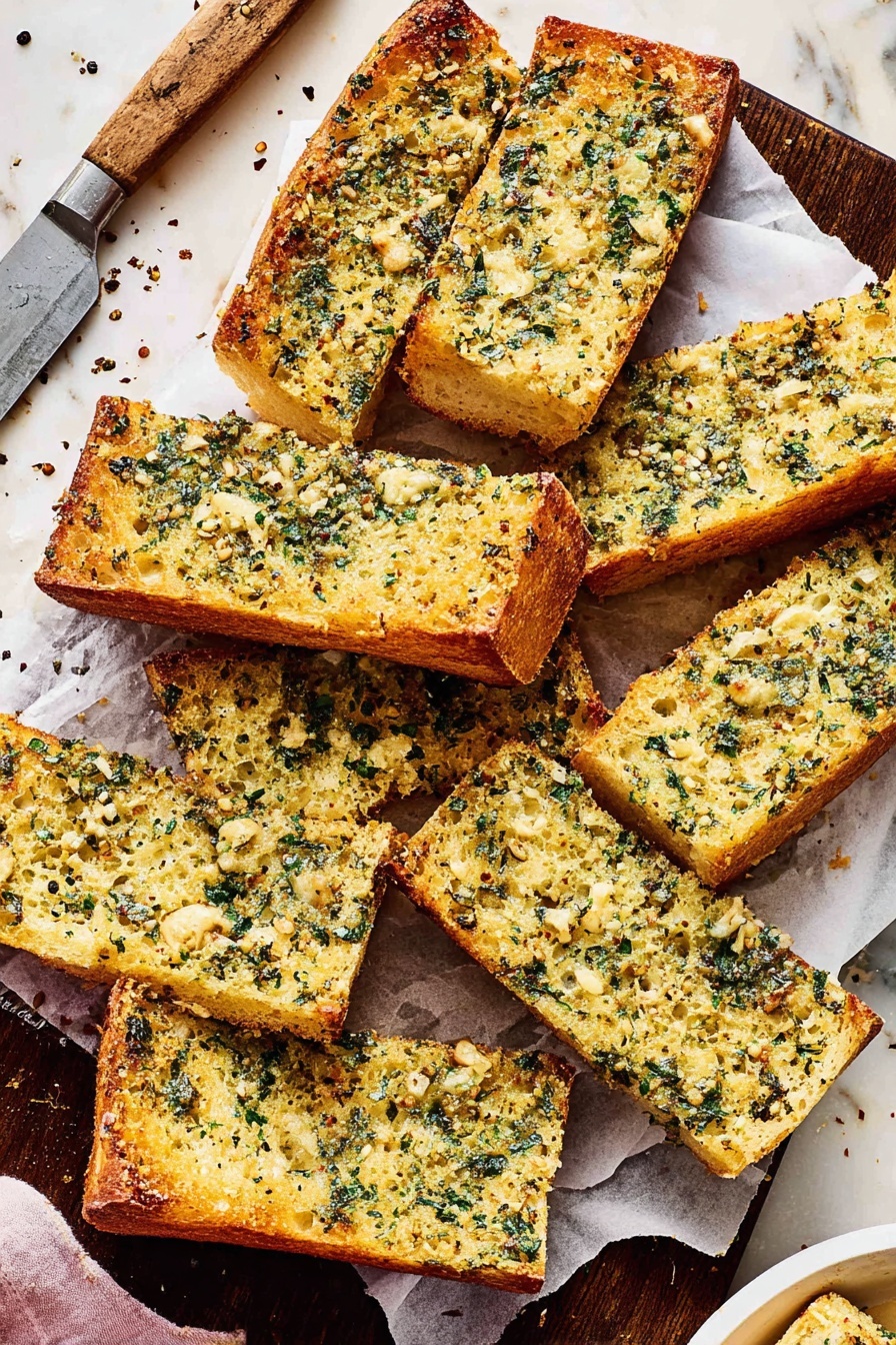 The image shows several pieces of garlic bread arranged closely on a white parchment paper over a dark wooden board. Each piece is thick with a crusty golden brown edge and a soft inside. The top layer is a textured mix of melted butter, finely chopped green herbs, and small bits of garlic spread evenly, giving a slightly browned and crispy look with some dark green specks. The bread slices are rectangular, except for one piece that is cut in a half-circle shape. A large knife with a wooden handle is placed diagonally near the top left corner of the board. The background is a white marbled surface with some scattered black pepper and crumbs around the bread. Photo taken with an iphone --ar 2:3 --v 7 - Garlic Herb Parmesan Bread, garlic herb parmesan bread recipe, cheesy garlic herb bread, homemade garlic bread with Parmesan, easy garlic herb bread
