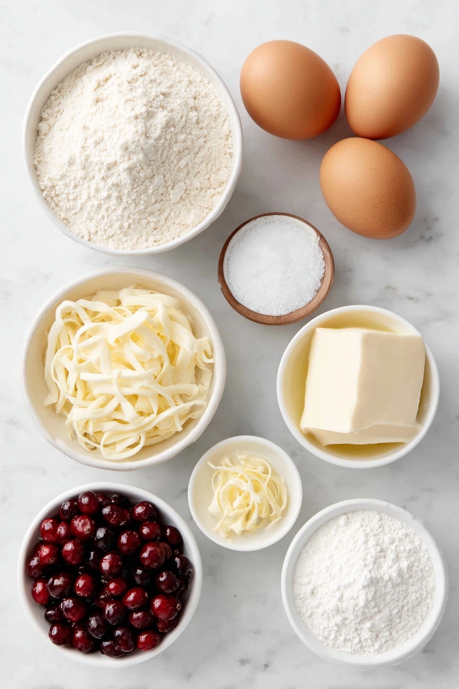 Flat lay of a small mound of all-purpose flour, a teaspoon of baking powder in a small white bowl, a small white bowl with fine salt, a small white bowl filled with milk, bright fresh orange zest curls, a small white bowl with freshly squeezed orange juice, a pat of softened unsalted butter, a heap of granulated sugar, two large whole uncracked brown eggs, a cluster of plump fresh cranberries, a small white bowl of powdered sugar, all arranged symmetrically on a clean white marble surface, soft natural light, photo taken with an iPhone, professional food photography style, fresh ingredients, white ceramic bowls, no bottles, no duplicates, no utensils, no packaging --ar 2:3 --v 7 --p m7354615311229779997 - Cranberry Orange Bread with Glaze, cranberry orange quick bread, citrus cranberry bread, festive holiday bread, easy cranberry orange baking
