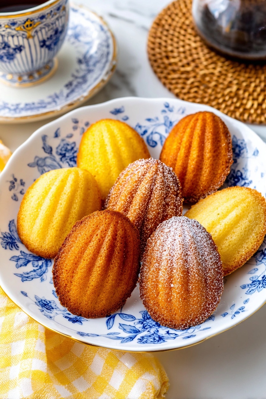 A white plate with blue floral patterns holds nine shell-shaped madeleine cakes arranged closely together in three rows. Five of the madeleines have a golden brown color with a slightly crispy texture and a light dusting of powdered sugar on top. The other four are lighter yellow with a soft and smooth surface. The plate is placed on a white marbled surface, next to a yellow and white checkered cloth. In the background, there is a woven coaster under a glass coffee pot and a part of a white plate with blue patterns is also visible. Photo taken with an iphone --ar 2:3 --v 7 - Lemon Madeleines, French lemon cake, easy madeleines recipe, lemon shell cakes, melt-in-your-mouth lemon cookies