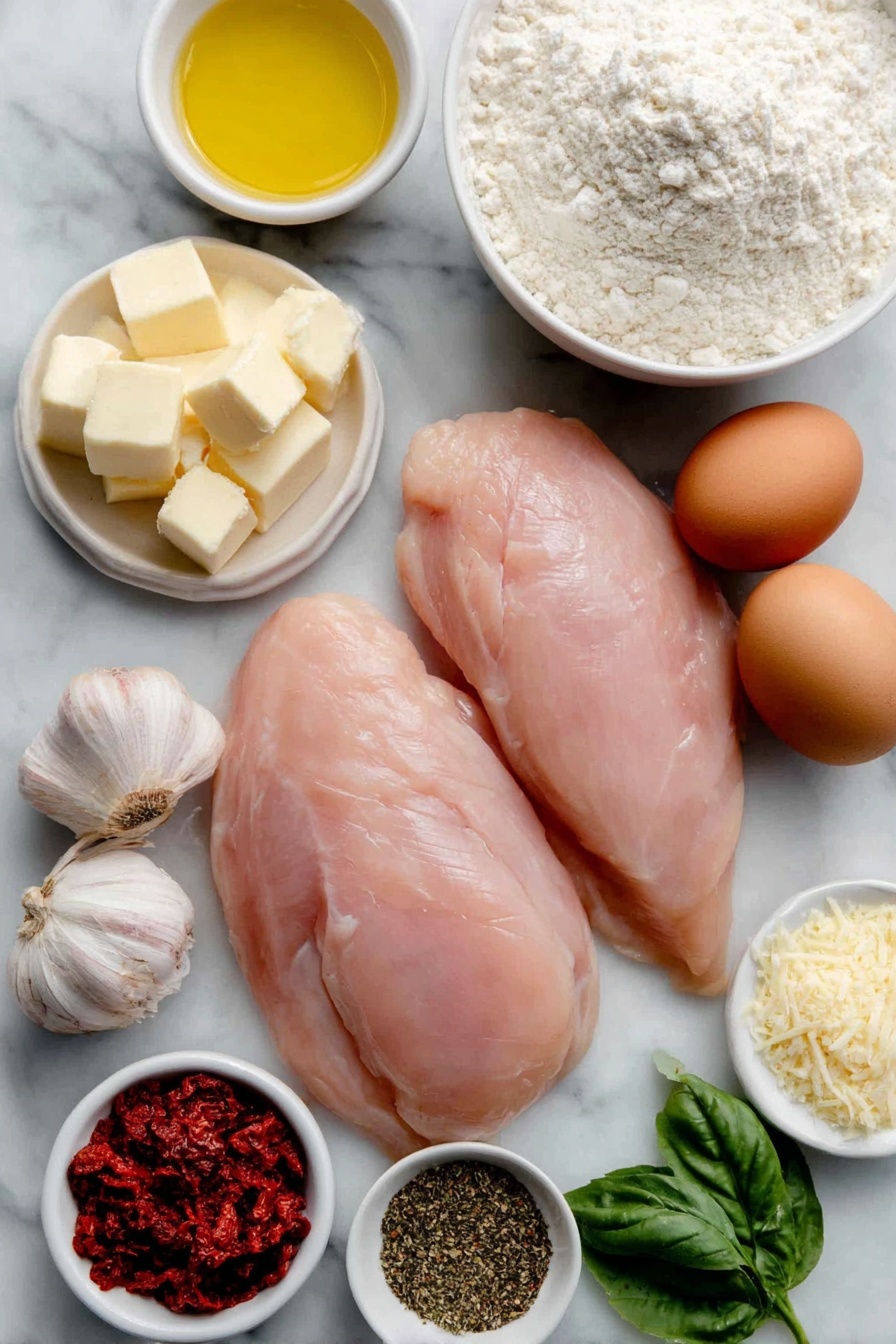 Flat lay of three large boneless skinless chicken breasts sliced lengthwise into thin cutlets, a small mound of all-purpose flour on a simple white ceramic plate, two whole brown eggs with clean shells, three fresh garlic cloves unpeeled, a small white bowl of golden olive oil, a small white bowl of unsalted butter chunks, a small white bowl of pale chicken stock, a small white bowl of heavy cream, a small white bowl filled with grated parmesan cheese, a small white bowl containing bright red chopped sundried tomatoes, a small white bowl of vibrant fresh basil leaves, sprinkled dried chili flakes, dried oregano and dried thyme arranged symmetrically on the white surface, all ingredients fresh and natural, no packaging or utensils, placed on a clean white marble surface, soft natural light, photo taken with an iPhone, professional food photography style, fresh ingredients, white ceramic bowls, no bottles, no duplicates, no utensils, no packaging --ar 2:3 --v 7 --p m7354615311229779997 - Creamy Marry Me Chicken, Creamy Marry Me Chicken recipe, easy creamy chicken dinner, indulgent chicken dishes, best comfort food recipes