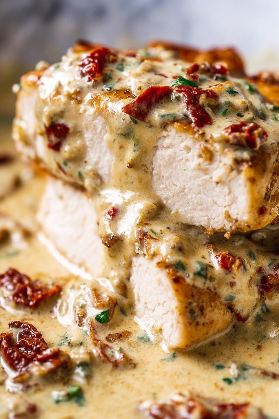The image shows a close-up of several golden brown cooked chicken pieces covered in a creamy, pale yellow sauce with small chunks of red sun-dried tomatoes and finely chopped green herbs scattered on top. The chicken has a slightly crispy texture from browning and the sauce looks thick and rich, coating each piece evenly. The background is a white marbled texture. photo taken with an iphone --ar 2:3 --v 7 - Creamy Marry Me Chicken, Creamy Marry Me Chicken recipe, easy creamy chicken dinner, indulgent chicken dishes, best comfort food recipes