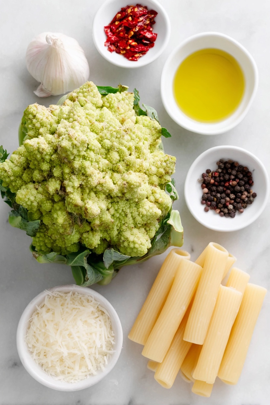 Flat lay of a medium head of fresh Romanesco broccoli with its intricate light green fractal florets, a small white ceramic bowl of golden extra virgin olive oil, one whole uncracked garlic clove with smooth white skin, a small white ceramic bowl containing bright red chili flakes, a single shiny anchovy fillet glistening on a small white ceramic dish, coarse sea salt crystals and whole black peppercorns elegantly arranged in a small white ceramic dish, uncooked pale yellow maccheroni pasta tubes neatly aligned on a simple white ceramic plate, and a small white ceramic bowl filled with finely grated pale yellow Pecorino Romano cheese, all placed on a clean white marble surface, soft natural light, photo taken with an iPhone, professional food photography style, fresh ingredients, white ceramic bowls, no bottles, no duplicates, no utensils, no packaging --ar 2:3 --v 7 --p m7354615311229779997 - Romanesco Broccoli Pasta with Pecorino, Romanesco broccoli pasta recipe, easy Romanesco broccoli pasta, healthy Romanesco pasta dish, simple Italian pasta with Romanesco