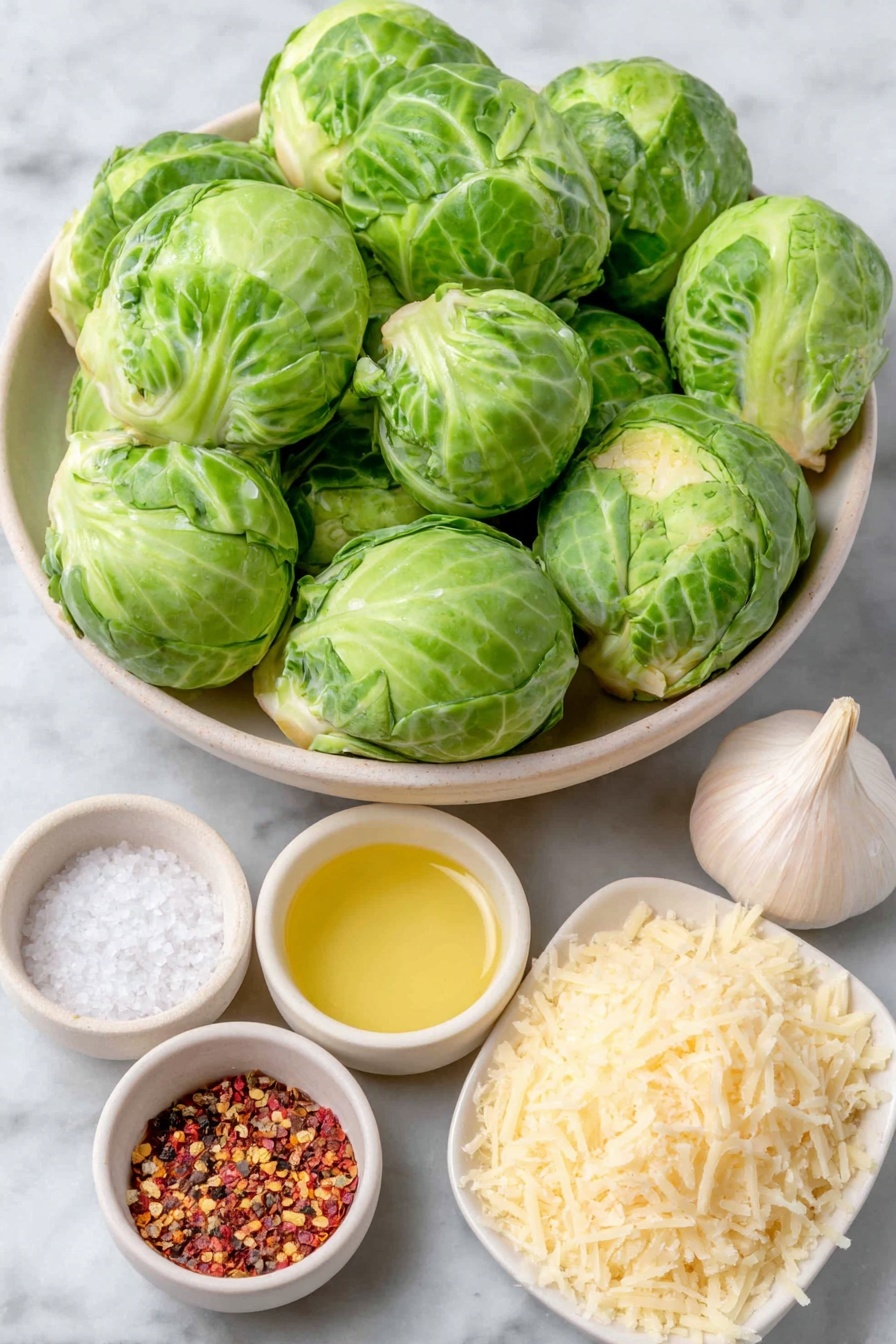 Flat lay of fresh green Brussels sprouts cut in half, a small white ceramic bowl with golden olive oil, a whole white garlic clove, a small white bowl filled with fine kosher salt crystals, a small white bowl with freshly ground black peppercorns, a pinch of bright red pepper flakes on a white ceramic dish, a small mound of finely grated pale yellow Parmesan cheese on a simple white ceramic plate placed on a clean white marble surface, soft natural light, photo taken with an iPhone, professional food photography style, fresh ingredients, white ceramic bowls, no bottles, no duplicates, no utensils, no packaging --ar 2:3 --v 7 --p m7354615311229779997 - Crispy Parmesan Brussels Sprouts, Brussels Sprouts Side Dish, Easy Brussels Sprouts Recipe, Garlic Parmesan Brussels Sprouts, Crunchy Brussels Sprouts
