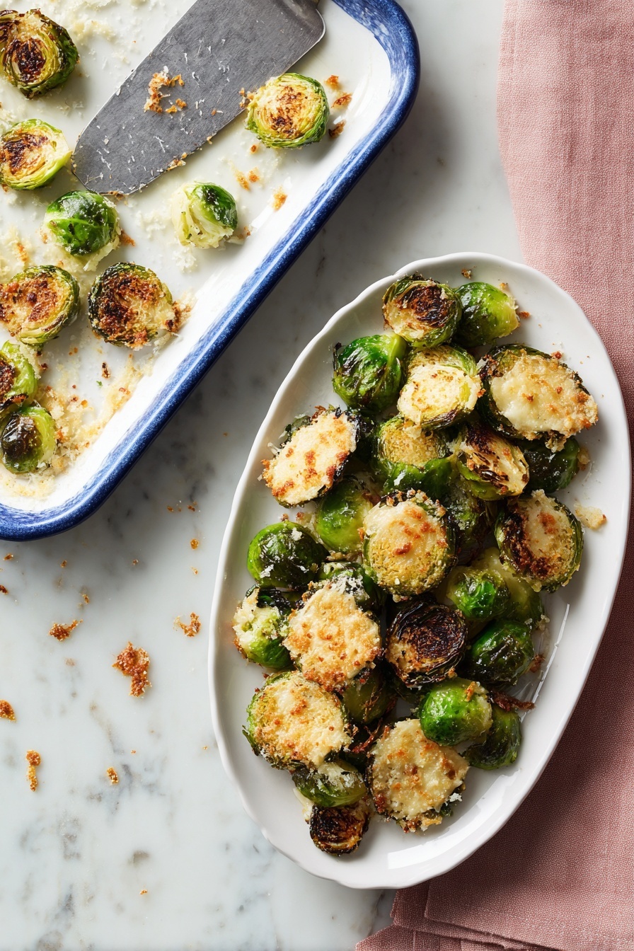 The dish shows roasted Brussels sprouts with a crispy golden-brown crust. There are whole and halved Brussels sprouts with bright green insides and browned, textured outer layers. The sprouts sit in a white bowl, spread evenly and mixed, with some pieces having a crunchy, lacy, golden coating attached. The background is a white marbled surface. Photo taken with an iphone --ar 2:3 --v 7 - Crispy Parmesan Brussels Sprouts, Brussels Sprouts Side Dish, Easy Brussels Sprouts Recipe, Garlic Parmesan Brussels Sprouts, Crunchy Brussels Sprouts