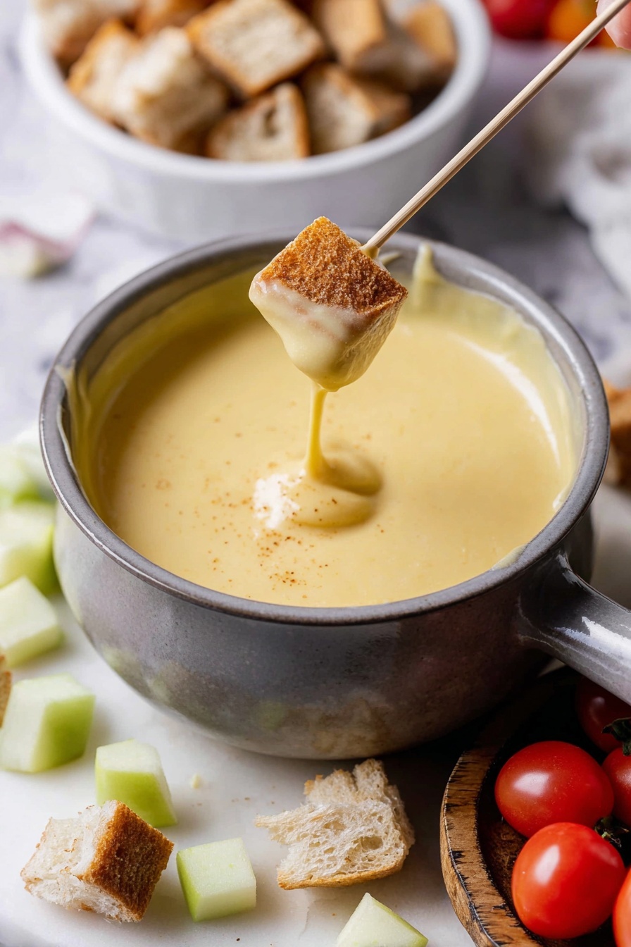 A gray pot filled with smooth, thick, light yellow cheese sauce is placed on a white marbled surface. A wooden skewer holds a piece of light brown toasted bread dipped into the cheese sauce, with sauce clinging to the bread. Around the pot, there are small green apple cubes and halved light brown bread pieces scattered on the white marbled surface. A wooden board with a few red grape tomatoes is partially visible on the right side. In the background to the left, there is a blurred white bowl filled with more toasted bread pieces. photo taken with an iphone --ar 2:3 --v 7 - Ultimate Cheese Fondue, cheese fondue, cheese fondue recipe, creamy cheese fondue, classic cheese fondue