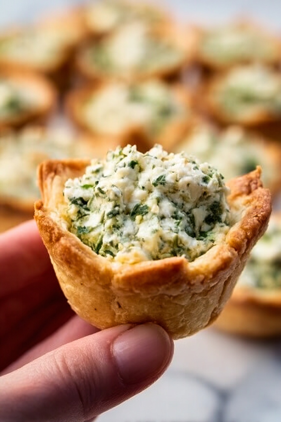 The image shows several small square-shaped pastry cups filled with a spinach and cheese mixture. Each pastry cup has golden brown, crisp edges with a slightly puffed texture. Inside, there is a layer of creamy green spinach mixed with white melted cheese on top, which looks soft and slightly bubbly. The cups are closely arranged on a wooden surface with a light, natural grain. The background is softly blurred, drawing attention to the details of the pastry cups in the foreground. photo taken with an iphone --ar 2:3 --v 7 - Spinach Artichoke Bites, spinach artichoke appetizer, cheesy spinach bites, easy party snacks, crescent dough bites