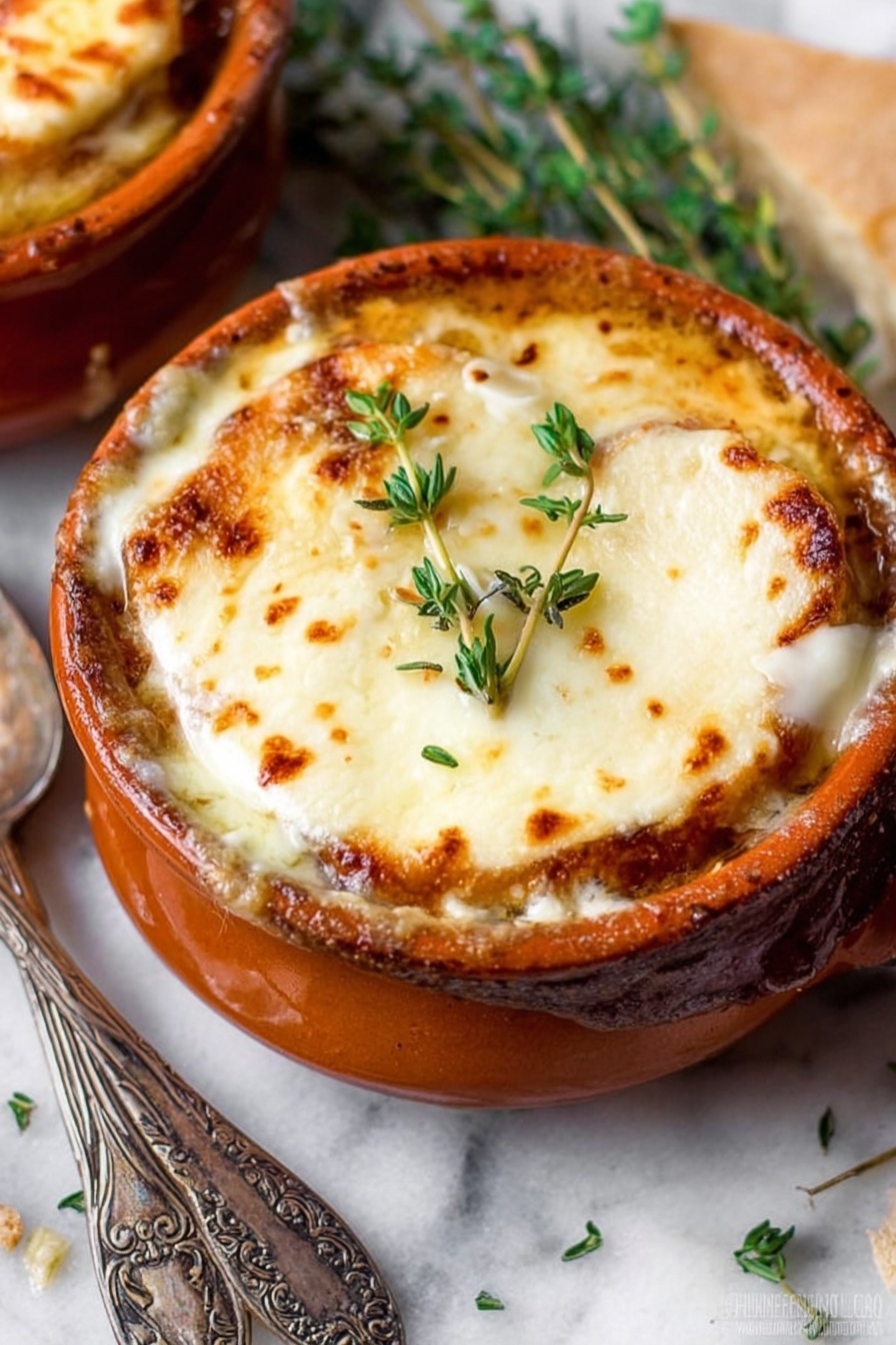 The image shows a small round white ceramic bowl filled with a dish that has three layers. The bottom layer is a golden-brown base, likely cooked meat or vegetables in sauce. On top of this is a thick layer of melted white cheese with light golden spots from baking, covering the whole surface smoothly. There are a few fresh green thyme sprigs placed on top of the cheese for decoration. The bowl is set on a white marbled surface, and next to it is a metal spoon with ornate handles and some scattered green herbs around. The overall look is warm and inviting, with a crispy cheese topping that looks soft and creamy underneath. Photo taken with an iphone --ar 2:3 --v 7 - Crockpot French Onion Soup with Cheese, caramelized onion soup, slow cooker French onion, cheesy French onion soup, easy French onion soup