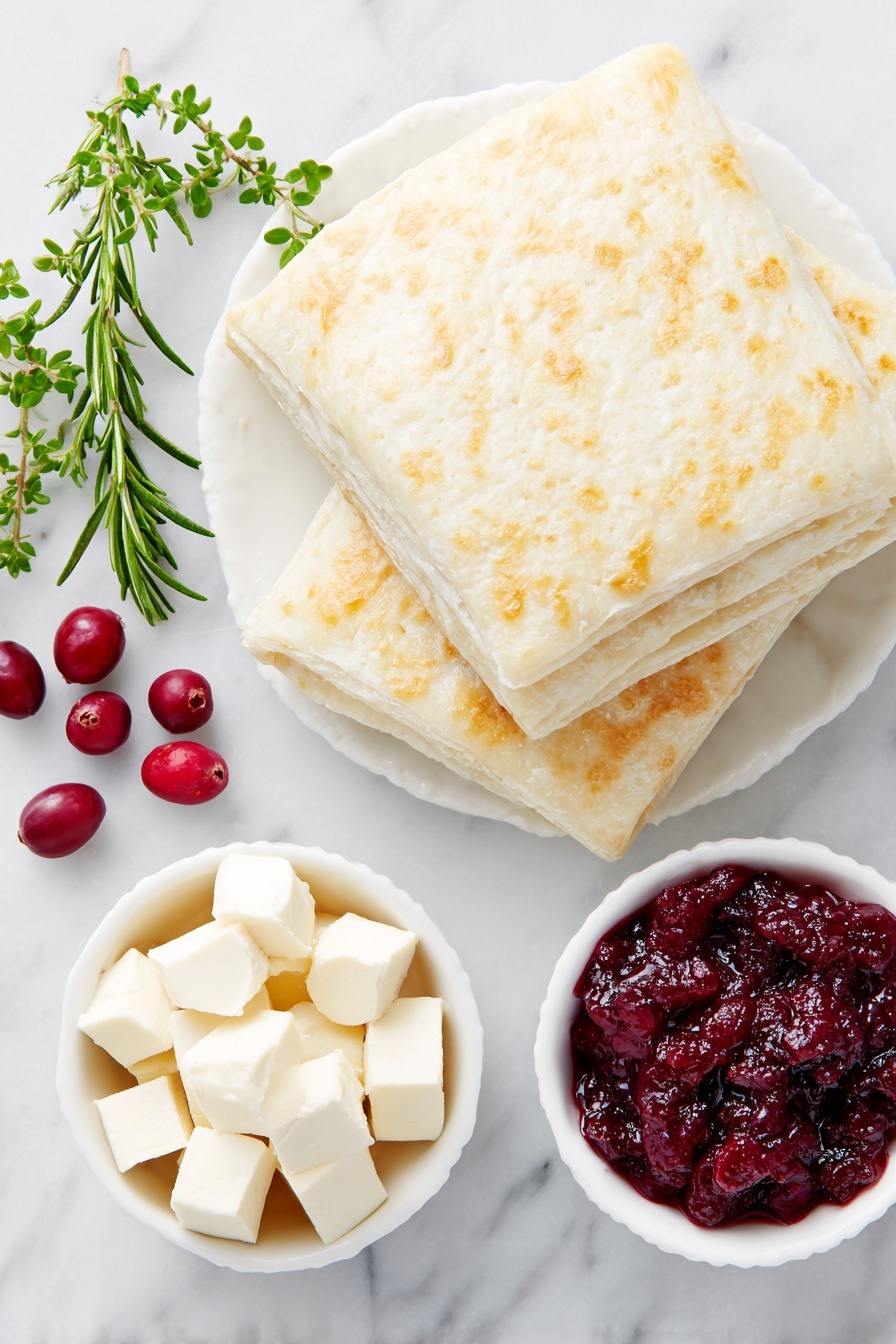 Flat lay of a sheet of pale golden puff pastry with visible layers, small cubes of creamy white brie cheese with a thin rind, a small white ceramic bowl filled with bright red cranberry sauce, and a few fresh green sprigs of rosemary arranged neatly, all placed on a clean white marble surface, soft natural light, photo taken with an iPhone, professional food photography style, fresh ingredients, white ceramic bowls, no bottles, no duplicates, no utensils, no packaging --ar 2:3 --v 7 --p m7354615311229779997 - Cranberry Brie Puff Pastry Bites, festive appetizer, easy holiday appetizers, bite-sized puff pastry treats, cranberry brie appetizer