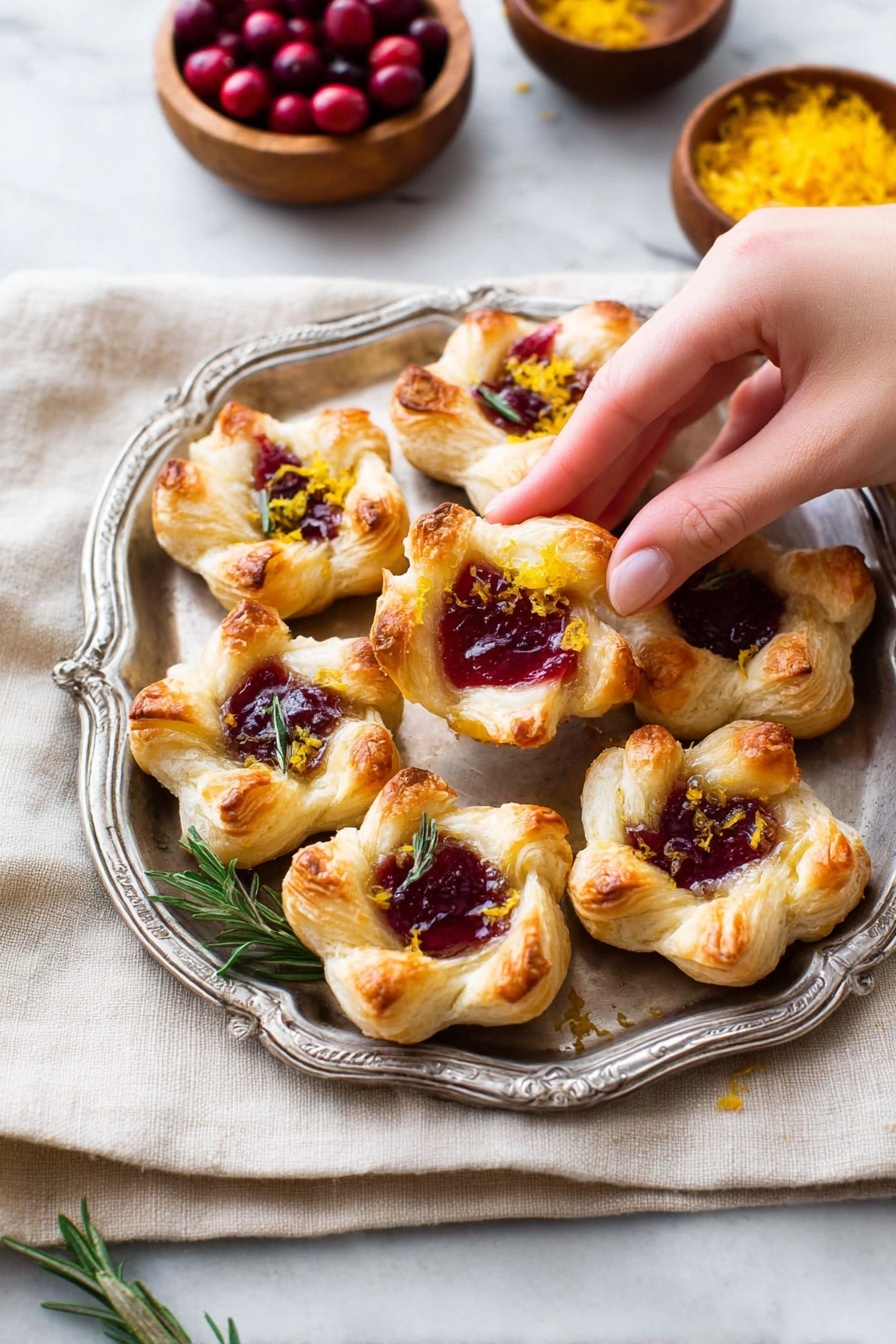 A silver tray holds eight puff pastries, each shaped like a flower with four golden-brown, flaky petals curved upward around a deep red, glossy filling in the center. Some pastries have small green rosemary sprigs on top, while others are decorated with bright yellow zest. The tray rests on a light beige cloth over a white marbled surface. In the background, there are two small wooden bowls, one filled with whole fresh cranberries and the other with orange zest. A woman's hand is reaching to pick up one of the pastries. Photo taken with an iphone --ar 2:3 --v 7 - Cranberry Brie Puff Pastry Bites, festive appetizer, easy holiday appetizers, bite-sized puff pastry treats, cranberry brie appetizer