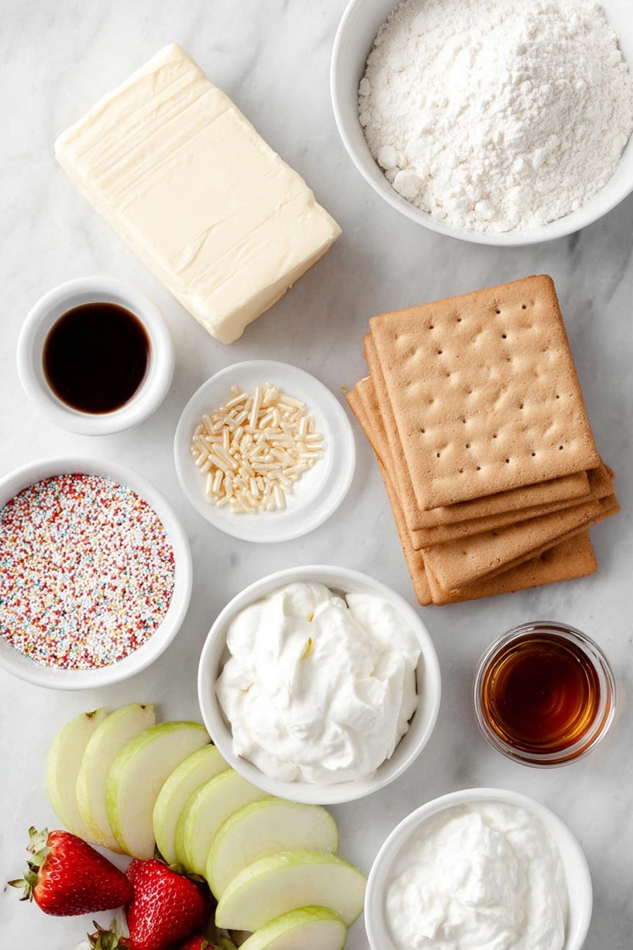 Flat lay of softened butter in a small white ceramic bowl, a block of cream cheese resting beside it, a small white bowl filled with fine white flour, a small white bowl containing smooth non-fat vanilla Greek yogurt, a small white bowl holding fluffy powdered sugar, a small white bowl with golden holiday sprinkles, a small white bowl with clear vanilla extract, a neat stack of rectangular graham crackers, fresh strawberries and sliced green apples arranged simply, all ingredients fresh and natural, perfect symmetry and balanced layout, placed on a clean white marble surface, soft natural light, photo taken with an iPhone, professional food photography style, fresh ingredients, white ceramic bowls, no bottles, no duplicates, no utensils, no packaging --ar 2:3 --v 7 --p m7354615311229779997 - Festive Cookie Dough Dip, holiday dessert dip, easy holiday dessert, cookie dough appetizer, festive party dip