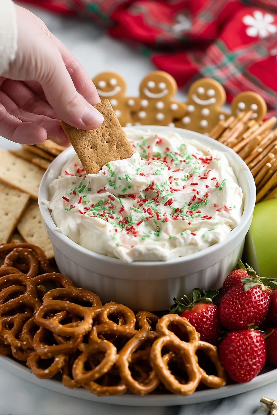 A close-up image of a white bowl filled with thick white cream cheese dip with red, green, and white sprinkles on top. A woman's hand is dipping a rectangular graham cracker into the bowl. Surrounding the bowl are clusters of gingerbread man-shaped cookies standing upright at the back, golden pretzels at the front, and more rectangular graham crackers stacked on the left side. Fresh strawberries and a green apple slice are positioned on the right. The entire plate is placed on a white marbled surface with a red and white cloth blurred in the background. Photo taken with an iphone --ar 2:3 --v 7 - Festive Cookie Dough Dip, holiday dessert dip, easy holiday dessert, cookie dough appetizer, festive party dip