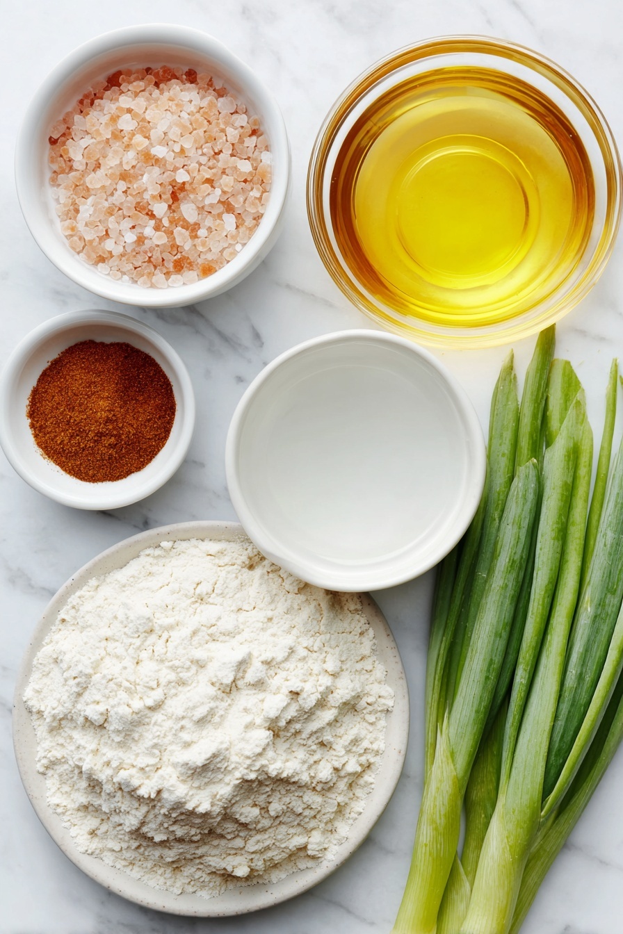 Flat lay of a small mound of all-purpose flour on a simple white ceramic plate, a tiny white ceramic bowl filled with coarse Himalayan pink salt, a small white ceramic bowl holding clear boiling water, another small white ceramic bowl with cold water, a small white ceramic bowl with golden vegetable oil, a small white ceramic bowl containing deep amber sesame oil, a neat bundle of fresh bright green scallion greens, and a small white ceramic bowl with reddish-brown Chinese five spice powder, all arranged in perfect symmetry, placed on a clean white marble surface, soft natural light, photo taken with an iPhone, professional food photography style, fresh ingredients, white ceramic bowls, no bottles, no duplicates, no utensils, no packaging --ar 2:3 --v 7 --p m7354615311229779997 - Chinese Scallion Pancakes, How to make Chinese scallion pancakes, crispy scallion pancakes recipe, homemade scallion pancakes, Chinese flatbread recipes