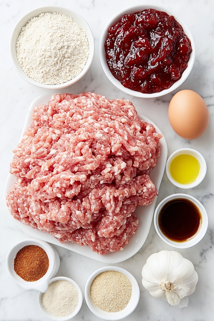 Flat lay of a portion of fresh ground turkey arranged in a neat mound, a single whole brown egg with a clean shell, a small white ceramic bowl filled with finely ground almond flour, a small white bowl with vibrant red homemade cranberry sauce, a small white bowl of thick dark reddish-brown BBQ sauce, two whole cloves of fresh garlic, a small white bowl of golden olive oil, a small white bowl containing a fine rust-colored paprika powder, a small white bowl of light beige ground mustard powder, a small white bowl with pale off-white onion powder, and a small white bowl of deep brown Worcestershire sauce, all arranged in perfect symmetry on a clean white marble surface, soft natural light, photo taken with an iPhone, professional food photography style, fresh ingredients, white ceramic bowls, no bottles, no duplicates, no utensils, no packaging --ar 2:3 --v 7 --p m7354615311229779997 - Cranberry BBQ Meatballs Turkey Slow Cooker recipe, easy holiday appetizer, crowd-pleasing meatball recipes, festive game day snacks, savory cranberry meatballs