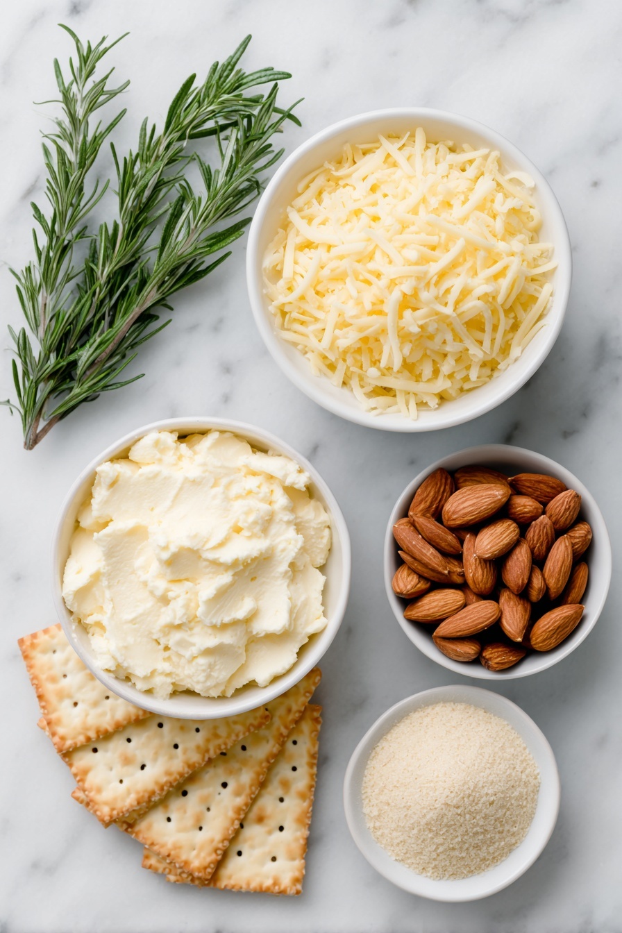Flat lay of two small white ceramic bowls, one filled with smooth, creamy Neufchatel cheese, the other with finely shredded Gruyere cheese; a simple white ceramic bowl holding a pale golden powder of dry onion soup mix; a neat pile of whole toasted almonds and a separate small white bowl with delicate sliced toasted almonds; six fresh rosemary sprigs with vibrant green needles arranged elegantly; and a stack of golden wheat thin crackers fanned out on a plain white ceramic plate, all placed on a clean white marble surface, soft natural light, photo taken with an iPhone, professional food photography style, fresh ingredients, white ceramic bowls, no bottles, no duplicates, no utensils, no packaging --ar 2:3 --v 7 --p m7354615311229779997 - Pinecone Cheese Ball, festive cheese ball appetizer, holiday cheese centerpiece, cheese ball with rosemary, decorative cheese ball recipe