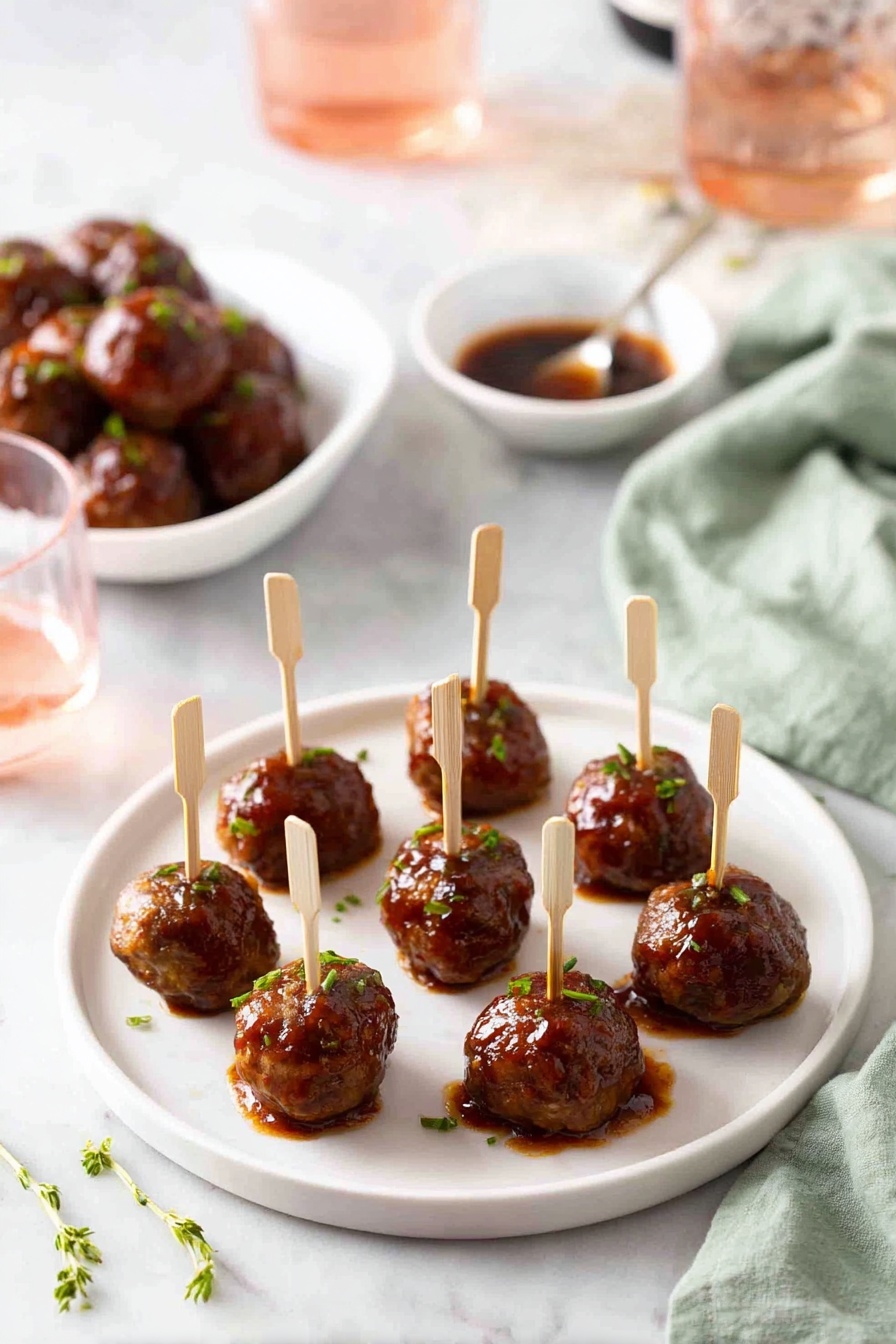 A round white plate on a white marbled surface holds twelve meatballs arranged with some space between them, each coated in a shiny dark brown sauce and topped with small green herbs. Each meatball has a small pale wooden skewer stuck vertically in it. In the background, there is another white bowl filled with more meatballs and a small white bowl with sauce and a spoon. Some scattered herbs and wooden skewers lie on the surface near the plate. A pale green cloth is bunched on the right side of the image and a glass of pink liquid is partially visible on the left side. Photo taken with an iphone --ar 2:3 --v 7 - Sweet and Sour Cocktail Meatballs, cocktail meatballs recipe, easy appetizer recipes, party meatball ideas, flavorful meatball recipes