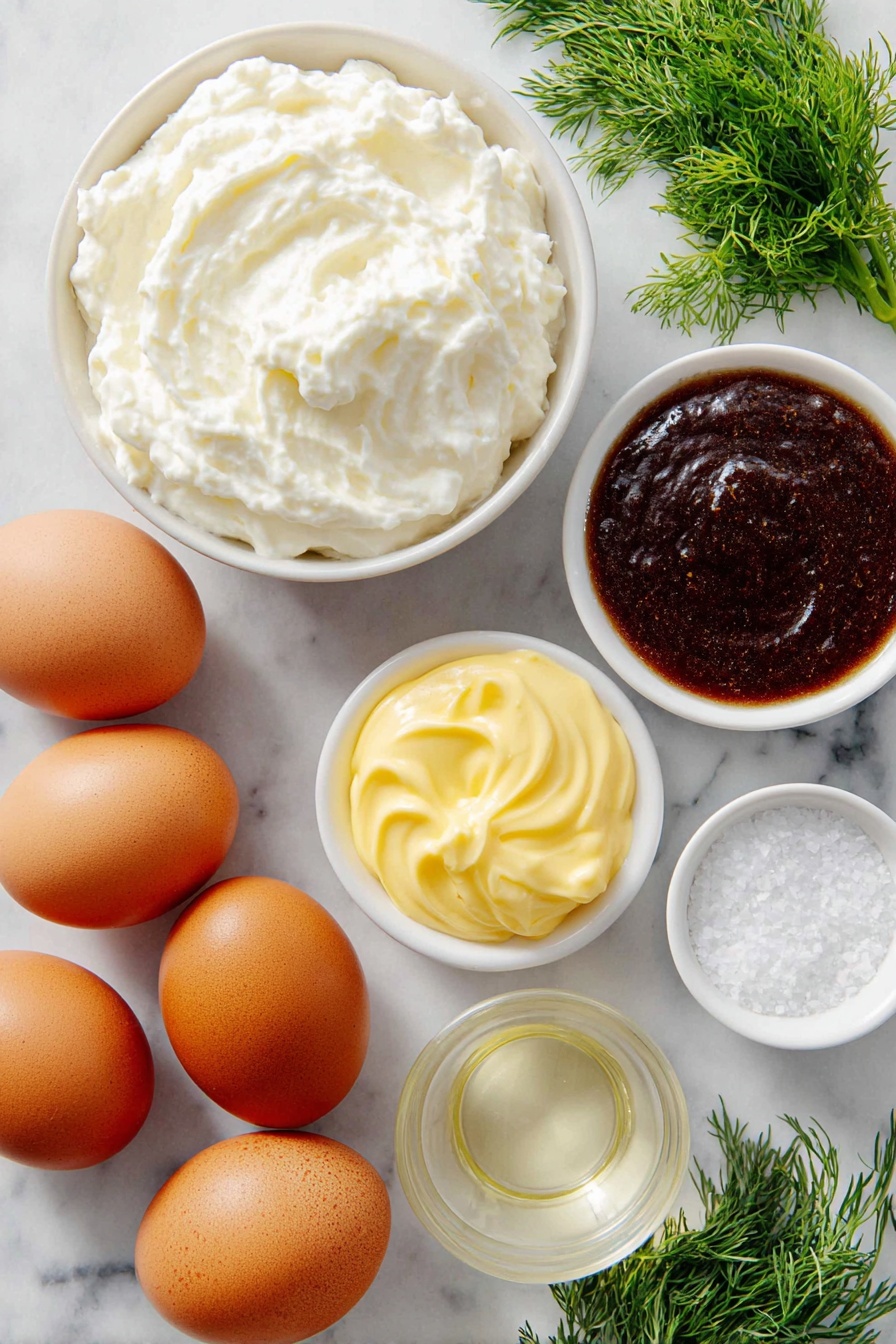 Flat lay of six whole uncracked large brown eggs, a small white ceramic bowl filled with creamy white mayonnaise, a small white bowl containing clear pale amber apple cider vinegar, a small white bowl with smooth golden Dijon mustard, a small white bowl holding a thick dark brown Worcestershire sauce, a small white bowl of fine white salt, and a few fresh green dill sprigs neatly arranged, all placed on a clean white marble surface, soft natural light, photo taken with an iPhone, professional food photography style, fresh ingredients, white ceramic bowls, no bottles, no duplicates, no utensils, no packaging --ar 2:3 --v 7 --p m7354615311229779997 - Creamy Classic Deviled Eggs, deviled eggs recipe, easy party appetizers, creamy deviled eggs, classic egg salad appetizers