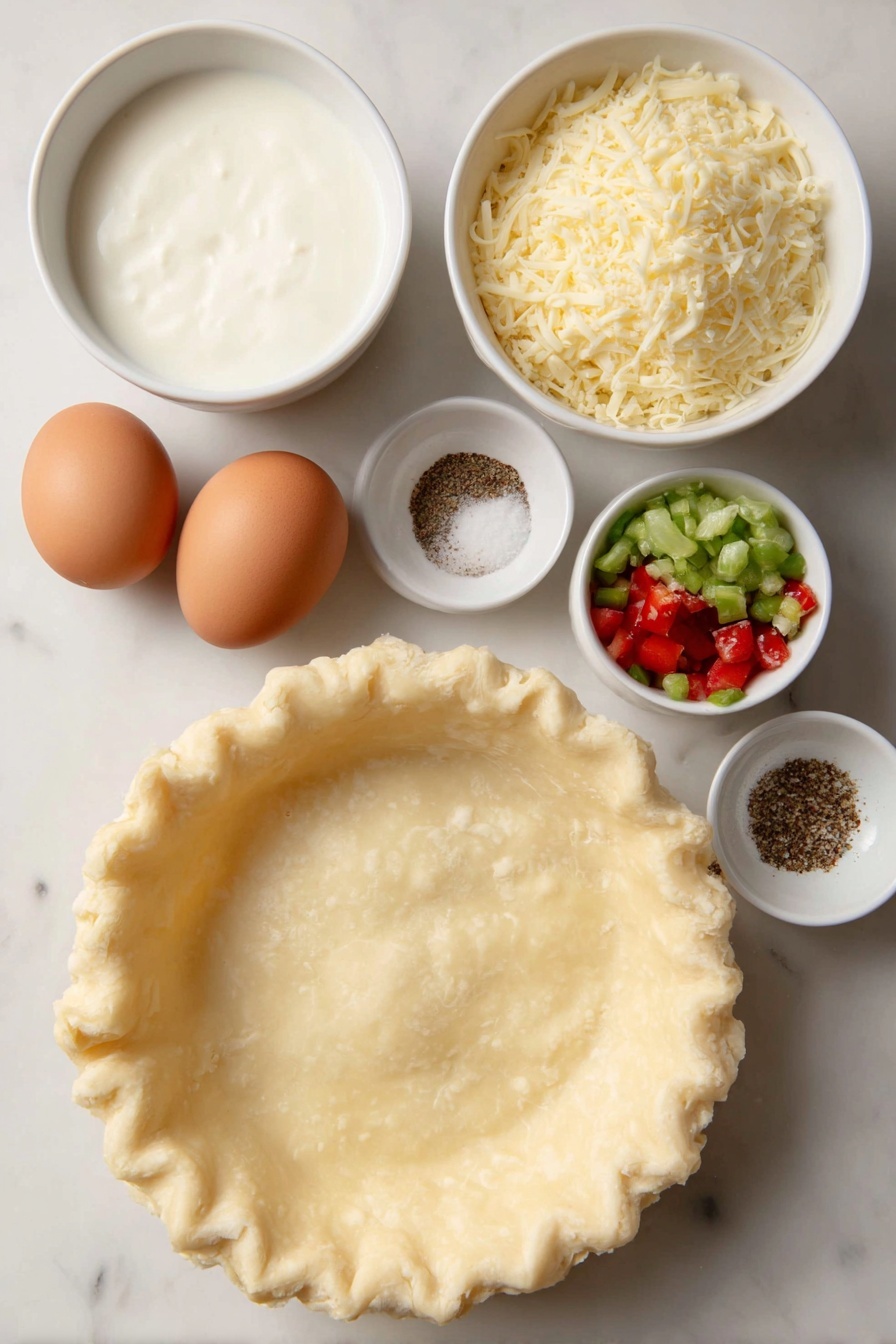 Flat lay of two unbaked flaky pie crust rounds, four whole brown eggs with smooth shells, a small white bowl of whole milk, a small white bowl of heavy cream, a small white bowl of mixed salt and black pepper, a small white bowl of mixed fresh diced vegetables and herbs as add-ins, a small white bowl of shredded cheese, all arranged in perfect symmetry on a clean white marble surface, soft natural light, photo taken with an iPhone, professional food photography style, fresh ingredients, white ceramic bowls, no bottles, no duplicates, no utensils, no packaging --ar 2:3 --v 7 --p m7354615311229779997 - Mini Quiche Recipe, flaky pie crust mini quiches, savory bite-sized breakfast, easy quiche for brunch, customizable mini pies