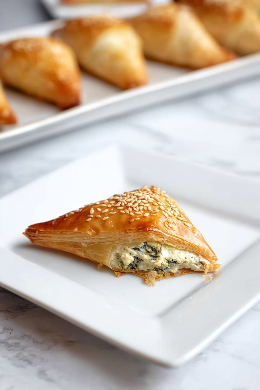 A golden-brown triangular pastry with a shiny, slightly crisp top sprinkled with sesame seeds sits centered on a white square plate. The pastry is filled with a creamy white layer mixed with small pieces of green leafy vegetables, visible from a bite taken at one corner, showing soft, flaky layers inside. The plate rests on a white marbled surface, and in the blurred background, more similar pastries are arranged in a row on a white rectangular dish. Photo taken with an iphone --ar 2:3 --v 7 - Easy Spinach and Feta Phyllo Triangles, spinach feta phyllo appetizers, Greek spinach feta snacks, flaky spinach feta triangles, quick spinach feta pastry