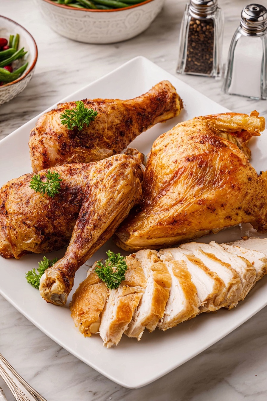 A white square plate holds four main layers of cooked chicken pieces arranged closely together. The first layer is sliced golden-brown chicken breast with a slightly crispy skin, showing juicy white meat inside, placed at the bottom right of the plate. On top and to the left, there are two browned chicken legs with textured, seasoned skin and attached bone, garnished with a few green parsley leaves. Behind these, at the top right, sits another golden roasted chicken leg piece with crispy, slightly oily skin. The whole plate rests on a white marbled surface with nearby salt and pepper shakers and a bowl of green beans partially visible in the background, photo taken with an iphone --ar 2:3 --v 7 - Oven Roasted Turkey with Delicious Gravy, turkey roasting tips, how to make perfect turkey gravy, holiday turkey recipes, crispy roasted turkey