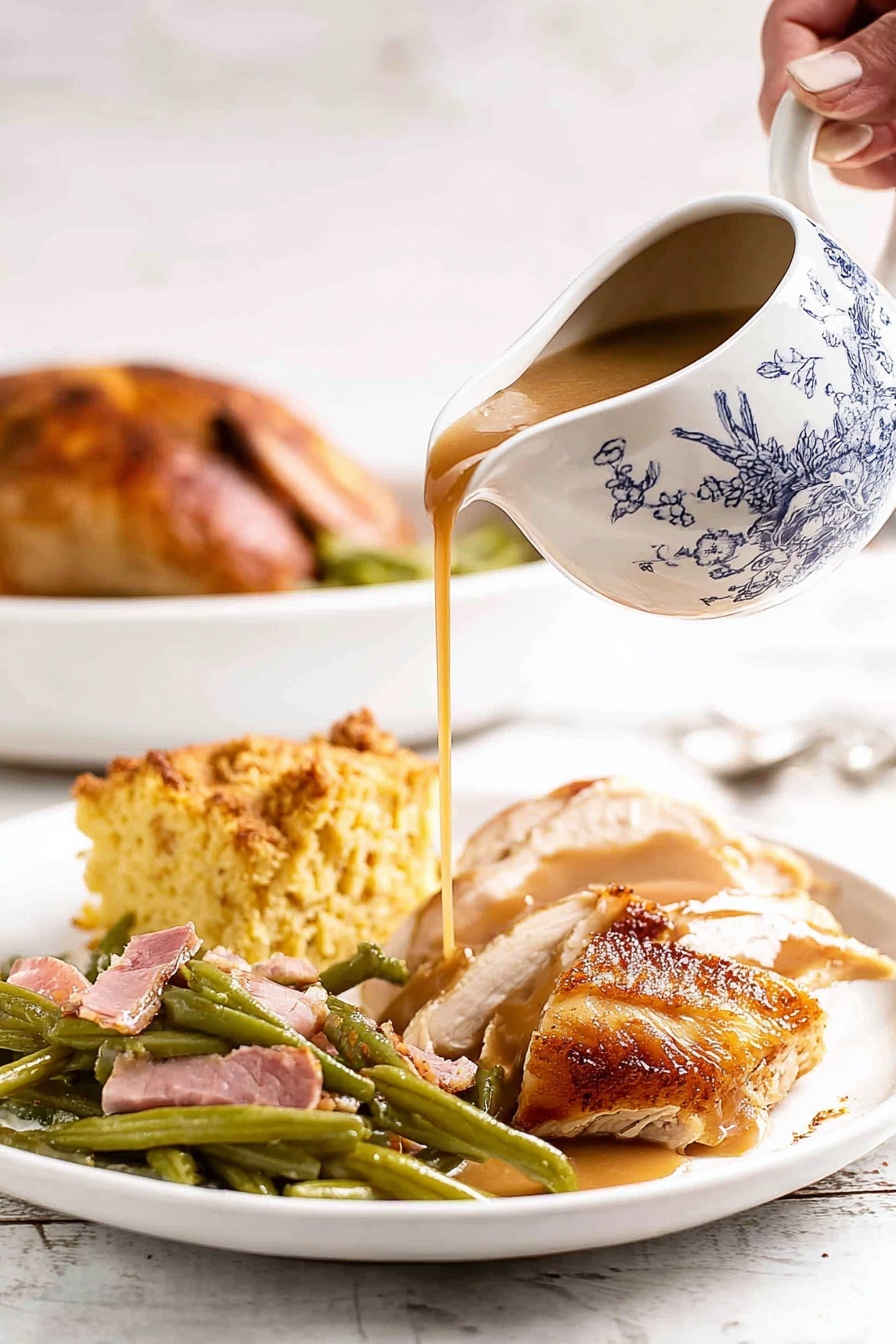 A white plate sits on a white marbled surface, holding four food layers. At the front, there is a large piece of sliced roasted chicken with a golden-brown crispy skin. Brown gravy is poured over the chicken from a white gravy boat decorated with a blue traditional pattern, held by a woman's hand. To the left of the chicken is a helping of green beans mixed with pieces of pink ham. Behind the green beans is a thick, golden piece of cornbread with a crumbly texture. In the background, part of a roasted chicken with a brown crispy skin is visible on another white plate. Photo taken with an iphone --ar 2:3 --v 7 - Oven Roasted Turkey with Delicious Gravy, turkey roasting tips, how to make perfect turkey gravy, holiday turkey recipes, crispy roasted turkey