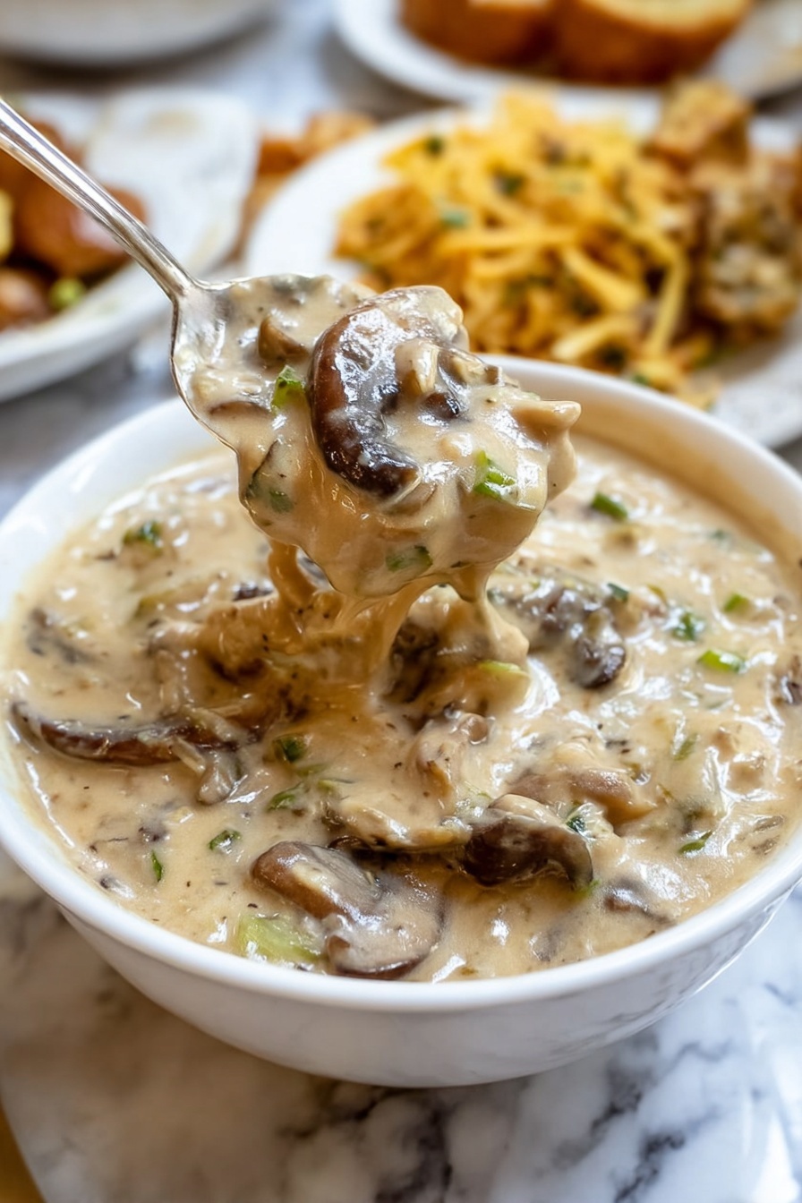A close-up of a white bowl filled with creamy mushroom soup, showing thick layers of light beige sauce mixed with dark brown sliced mushrooms and bits of green herbs, giving the soup a textured look. A silver spoon lifts a portion from the bowl, with visible mushroom slices and creamy sauce dripping slightly. The bowl sits on a white marbled surface, with blurred plates of food in the background. photo taken with an iphone --ar 2:3 --v 7 - Creamy Mushroom Hunters Sauce for Steak, steak mushroom sauce, easy steak sauce, homemade mushroom gravy, gourmet steak topping