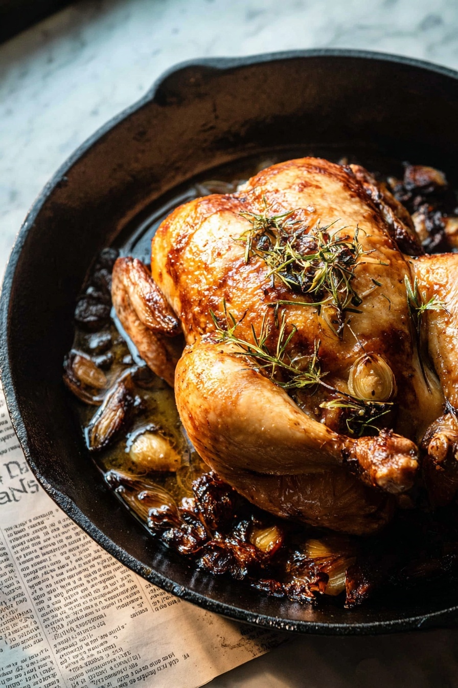 A whole roasted chicken with golden brown, crispy skin sits in the center of a black cast iron pan. The chicken's surface is shiny with oil and topped with small sprigs of herbs and pieces of roasted garlic, giving a textured look. Around the chicken in the pan, there are browned bits and pieces of caramelized garlic or herbs. The pan is placed on a white marbled surface with a piece of newspaper underneath visible at the bottom left corner. The photo is taken close-up, showing the detailed texture of the chicken and pan, with soft natural light highlighting the warm tones. Photo taken with an iphone --ar 2:3 --v 7 - Cast Iron Roast Chicken with Pan Gravy, crispy roast chicken, easy cast iron chicken recipe, juicy roast chicken, homemade pan gravy