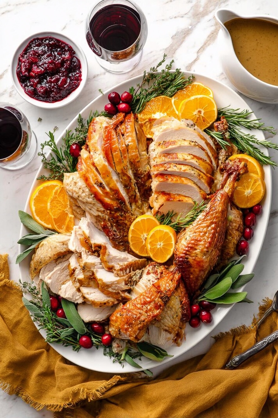 A whole roasted chicken with dark golden-brown and slightly charred skin is placed on a black metal rack inside a shiny white roasting pan with handles on each side. The chicken is centered with legs extended out, showing a textured, crisp surface with some uneven browning. The pan sits on a white marbled surface, giving a clean and bright background to the rich, roasted colors of the chicken. photo taken with an iphone --ar 2:3 --v 7 - Juicy Dry Brine Turkey Roast, dry brine turkey, moist turkey roast, crispy skin turkey, holiday turkey recipe