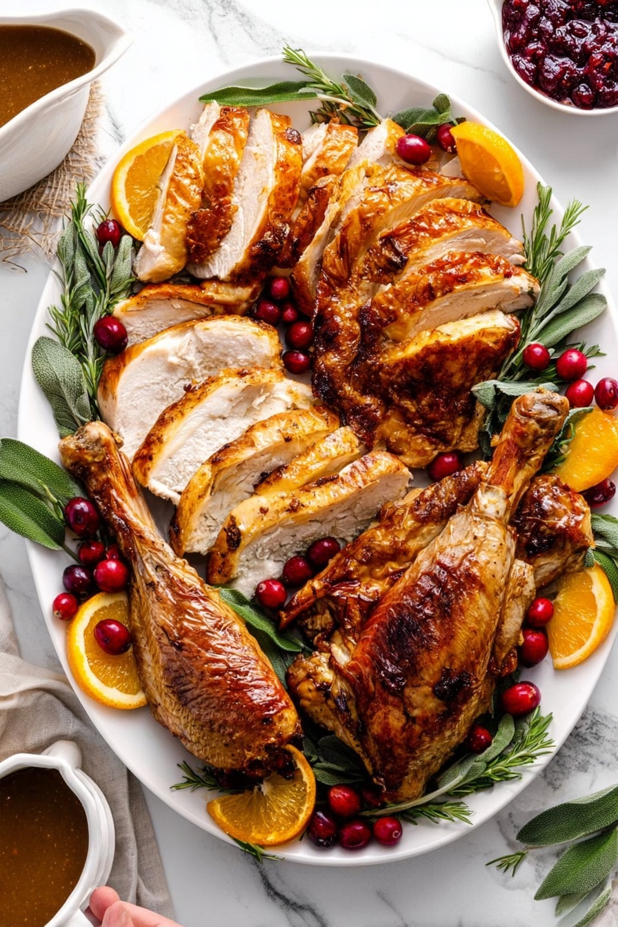 A large white oval plate holds a cooked turkey sliced into layers, with a golden-brown skin and tender white meat showing inside. There are two large turkey legs with crispy skin placed on the right side of the plate, and two turkey wings with a lighter brown color on the upper left side. Around the turkey pieces, there are bright green rosemary sprigs and sage leaves along with red cranberries scattered evenly. Orange slices are placed around the edges of the plate, adding bright color contrast. Next to the plate, there is a white bowl with brown gravy and a small white bowl filled with cranberry sauce, all set on a white marbled surface. A woman's hand is partially visible holding a piece of turkey on the lower left edge. photo taken with an iphone --ar 2:3 --v 7 - Juicy Dry Brine Turkey Roast, dry brine turkey, moist turkey roast, crispy skin turkey, holiday turkey recipe