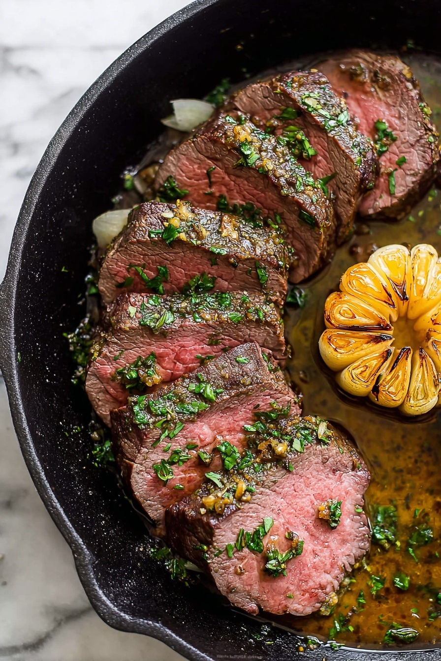 A black pan sits on a white marbled surface holding several slices of cooked beef arranged in a curved line from the left to the center, each slice showing a pink center with a brown, herb-covered outer edge, sprinkled with finely chopped parsley. To the right of the beef is a golden-yellow roasted garlic bulb with visible cloves, slightly charred on the top. The pan shows some glossy juices and herbs around the beef and garlic. Photo taken with an iphone --ar 2:3 --v 7 - Herb Crusted Beef Tenderloin with Horseradish Sauce, beef tenderloin recipes, herb crusted beef, elegant beef main dishes, holiday beef recipes