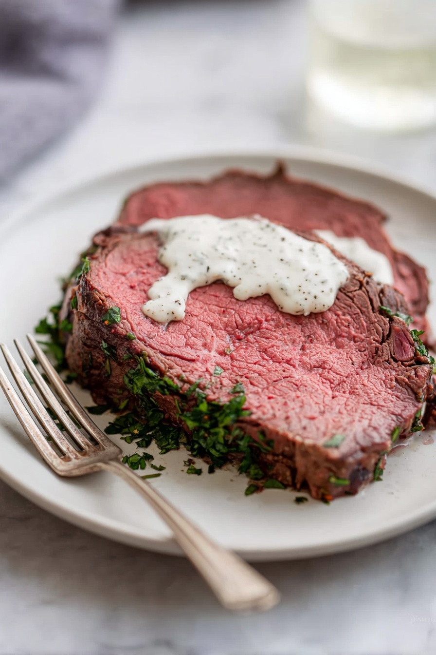 A round thick slice of roast beef with a pink center and brown cooked edges is placed on a white plate. The bottom edge of the beef is covered with chopped green herbs. On top of the beef slice, there is a small amount of white creamy sauce with black specks. A metal fork rests on the left side of the plate. The plate sits on a white marbled surface. Photo taken with an iphone --ar 2:3 --v 7 - Herb Crusted Beef Tenderloin with Horseradish Sauce, beef tenderloin recipes, herb crusted beef, elegant beef main dishes, holiday beef recipes