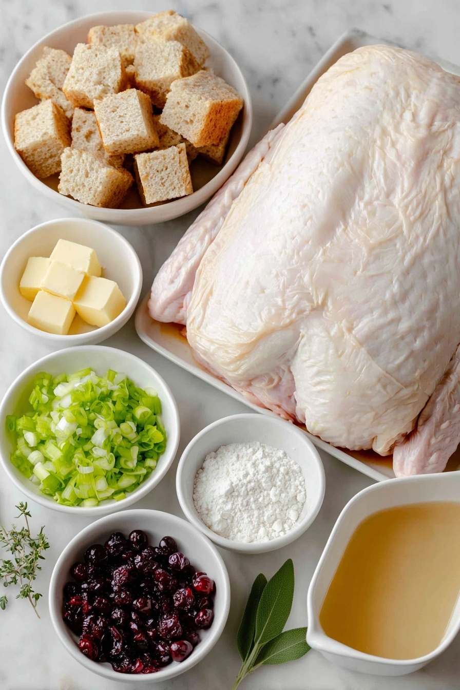 Flat lay of a large boneless turkey breast half with skin, a small mound of kosher salt crystals, a small pat of soft salted butter, a handful of whole wheat French bread cubes, a half medium onion finely minced, a large celery stalk finely minced, four fresh sage leaves, a small bunch of chopped parsley, a few dried cranberries chopped, one large whole egg with clean shell, a small white bowl of chicken broth, a small pile of all-purpose flour, fresh ground black peppercorns scattered, two fresh sage leaves, all arranged with perfect symmetry in simple white ceramic bowls and dishes placed on a clean white marble surface, soft natural light, photo taken with an iPhone, professional food photography style, fresh ingredients, white ceramic bowls, no bottles, no duplicates, no utensils, no packaging --ar 2:3 --v 7 --p m7354615311229779997 - Turkey Roulade with Cranberry Stuffing, holiday turkey roulade, festive turkey breast wrap, elegant stuffing roulade, savory cranberry turkey