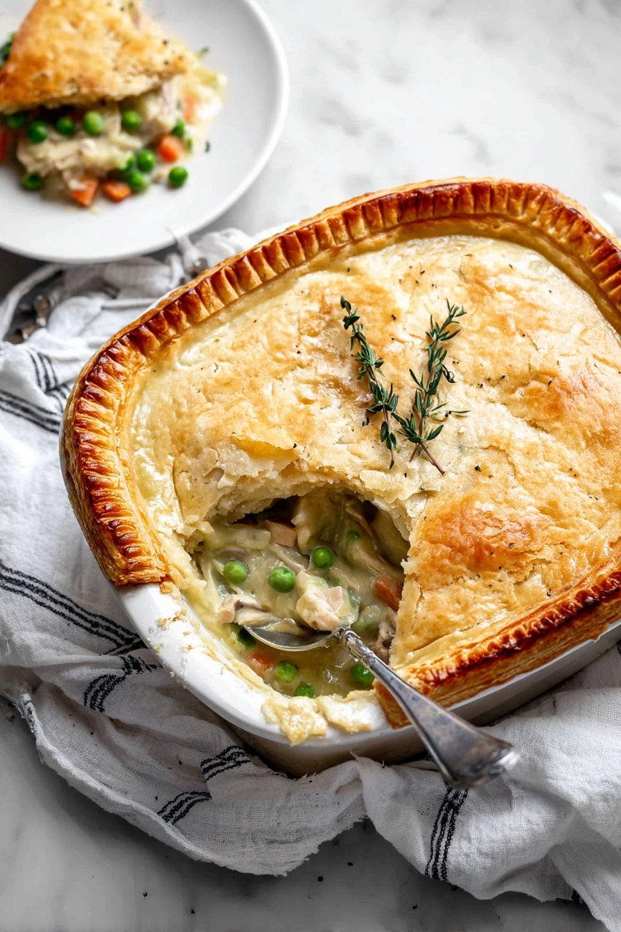 The image shows a white rectangular baking dish with a golden-brown crust on top, partially lifted to reveal a creamy vegetable filling underneath. The top crust layer is shiny with a crisscross pattern and browned edges. Below the crust is a creamy sauce filled with visible chunks of green beans, white beans, corn, cauliflower, peas, and small pieces of carrots. A vintage silver spoon rests inside the dish, scooping some of the creamy filling. A few fresh green thyme sprigs lay on the crust. The dish is placed on a white marbled surface with a white and black striped cloth partially visible. Photo taken with an iphone --ar 2:3 --v 7 - Creamy Vegetable Pot Pie, vegetable pot pie, comfort food recipes, healthy veggie pot pie, easy dinner ideas