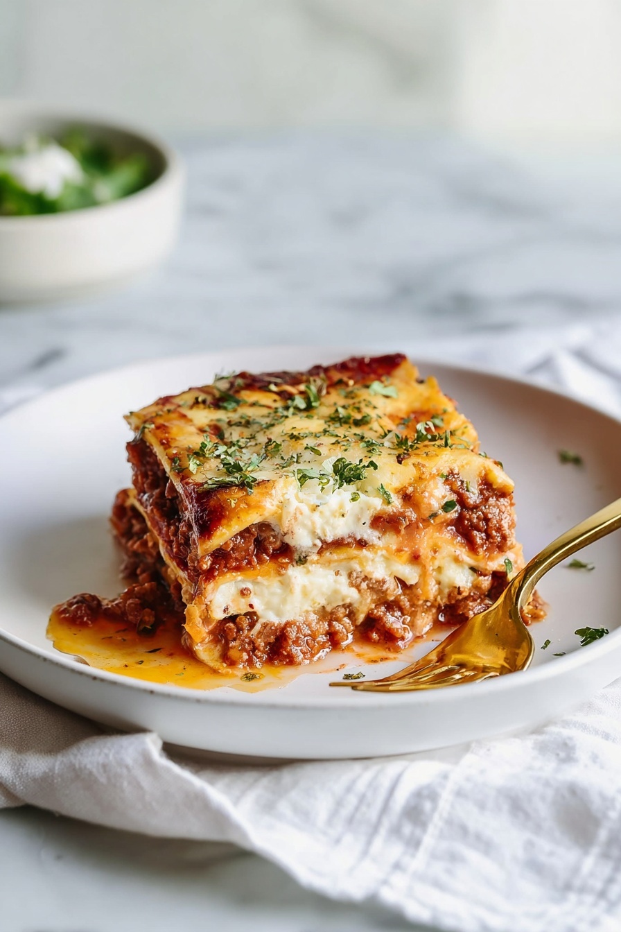 A white plate holds a square slice of lasagna with four visible layers: the top layer is melted golden cheese sprinkled with green herbs, below it is a creamy white layer, followed by a thick red meat and tomato sauce layer, and at the bottom is another creamy white layer with bits of sauce peeking through. The lasagna has a slightly browned and bubbly top with some sauce oozing onto the plate. A gold fork rests inside the plate near the lasagna, and the plate sits on a white marbled surface with a white cloth nearby. In the soft background, a white bowl with some greens is blurred. Photo taken with an iphone --ar 2:3 --v 7 - Zucchini Lasagna, healthy zucchini lasagna, low-carb lasagna, homemade zucchini lasagna, gluten-free zucchini lasagna