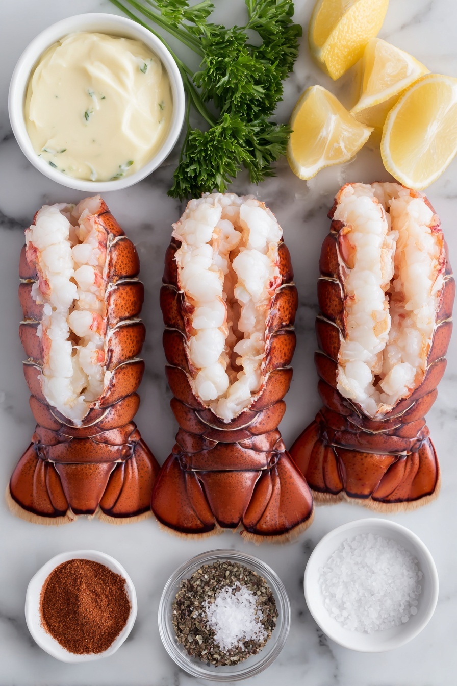 Flat lay of three whole cold lobster tails with shells intact, a small white ceramic bowl of creamy herb and garlic butter, a small white ceramic bowl of sweet paprika powder, fresh lemon wedges arranged neatly on a white ceramic plate, a small white ceramic bowl of coarse salt, a small white ceramic bowl of freshly cracked black pepper, a small white ceramic bowl of melted unsalted butter, and a few sprigs of fresh parsley, placed on a clean white marble surface, soft natural light, photo taken with an iPhone, professional food photography style, fresh ingredients, white ceramic bowls, no bottles, no duplicates, no utensils, no packaging --ar 2:3 --v 7 --p m7354615311229779997 - Broiled Lobster Tail with Garlic Butter, lobster tail recipes, seafood dinner ideas, easy lobster recipes, elegant seafood dishes