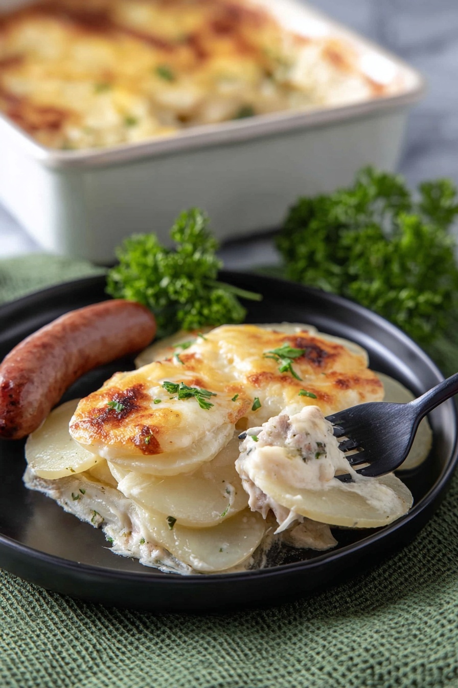 A black plate holds a dish with three main parts: on the left, there is a thick sausage with a rich brown, slightly shiny surface; in the middle and right, several layers of thin, creamy white potato slices are topped with melted golden cheese and sprinkled with small bits of green parsley. The potato layers show a soft and slightly browned texture, some slices being lifted by a dark fork held by a woman's hand. Behind the potatoes, there is a small bunch of fresh green parsley as garnish. A white marbled surface under a green textured cloth is visible beneath the plate. In the background, a white baking dish with more of the cheesy potato dish is partially visible. photo taken with an iphone --ar 2:3 --v 7 - Creamy Turnip Gratin, turnip gratin side dish, cheesy turnip casserole, comforting turnip recipes, easy turnip gratin