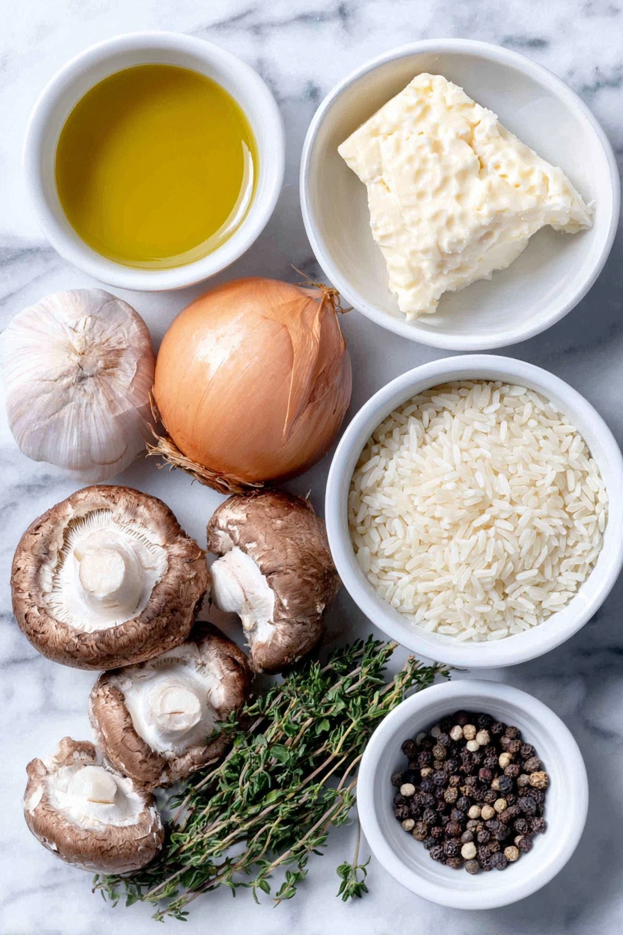 Flat lay of a small cluster of mixed fresh mushrooms, a medium yellow onion halved to show inside, two whole garlic cloves with skins intact, a small bunch of fresh thyme sprigs, a small pile of uncooked Arborio rice grains, a few sprigs of fresh parsley, a small white ceramic bowl of extra-virgin olive oil, a small white ceramic bowl containing dry white wine, a small white ceramic bowl of warm vegetable broth, a small white ceramic bowl filled with grated Parmesan cheese, a small white ceramic bowl holding coarse sea salt, black peppercorns scattered neatly, placed on a clean white marble surface, soft natural light, photo taken with an iPhone, professional food photography style, fresh ingredients, white ceramic bowls, no bottles, no duplicates, no utensils, no packaging --ar 2:3 --v 7 --p m7354615311229779997 - Creamy Mushroom Risotto, mushroom risotto recipe, easy mushroom risotto, homemade mushroom risotto, creamy risotto with mushrooms