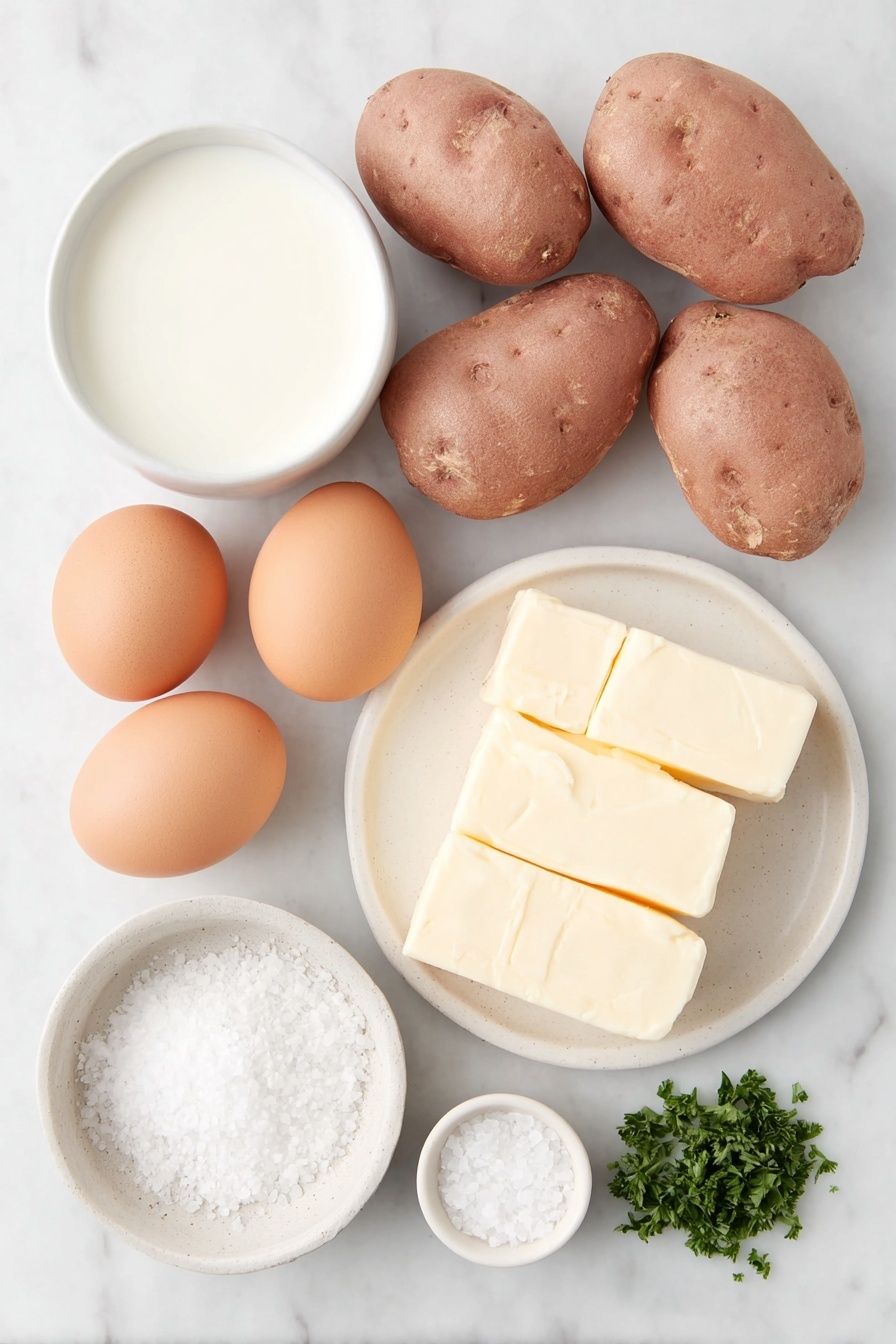 Flat lay of peeled russet potatoes whole and halved, a few whole uncracked brown eggs with clean shells, a small white ceramic bowl of hot whole milk, a simple white ceramic plate with softened unsalted butter sticks at room temperature, a small white ceramic bowl of coarse sea salt, a few fresh green sprigs of parsley finely chopped placed beside the ingredients, all arranged in perfect symmetry and realistic proportions on a clean white marble surface, soft natural light, photo taken with an iPhone, professional food photography style, fresh ingredients, white ceramic bowls, no bottles, no duplicates, no utensils, no packaging --ar 2:3 --v 7 --p m7354615311229779997 - Creamy Mashed Potatoes, creamy mashed potatoes, fluffy mashed potatoes, easy mashed potato side dish, buttery mashed potatoes