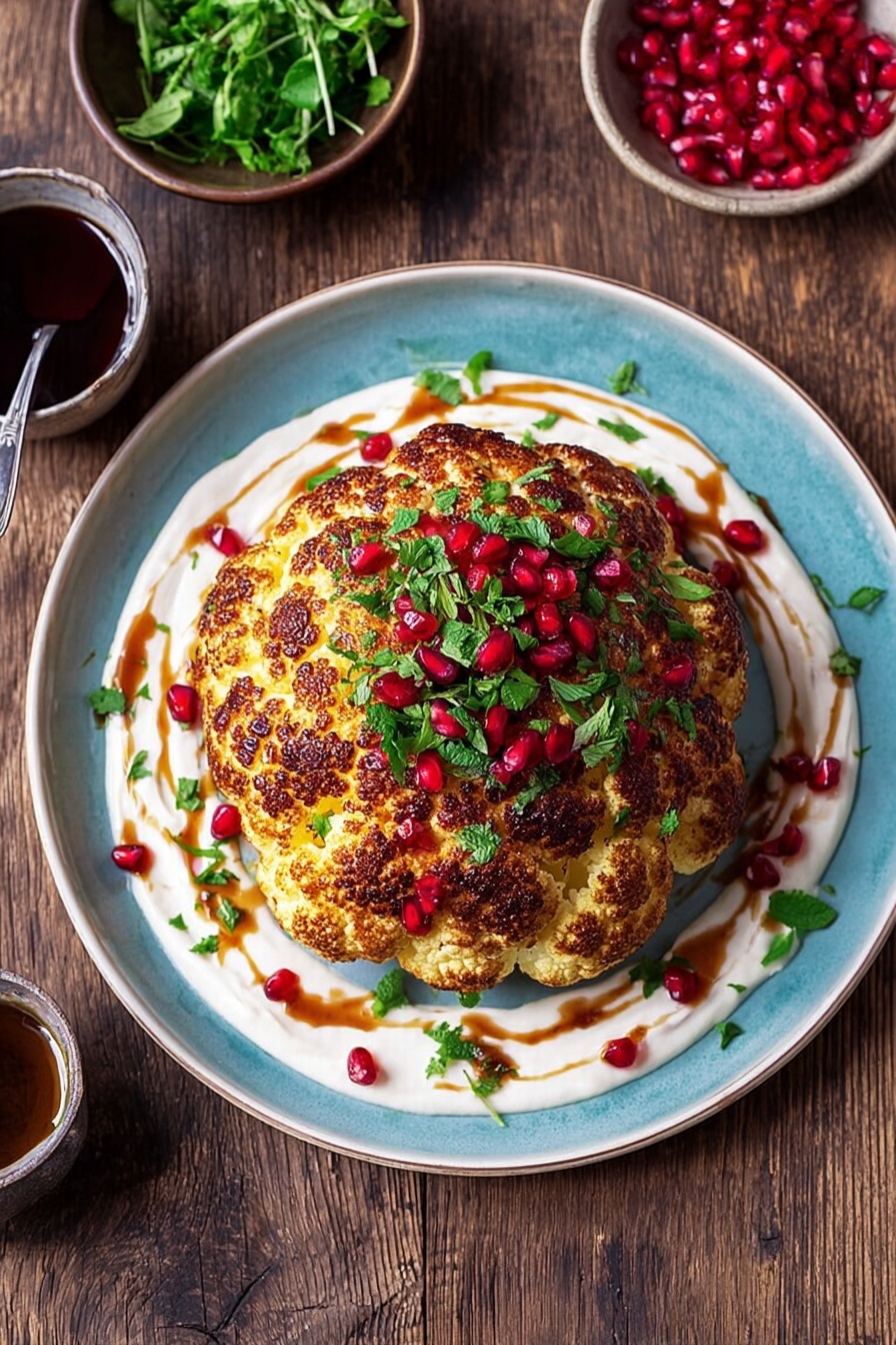 A roasted whole cauliflower with a golden brown, slightly charred surface sits in the middle of a white plate with a light blue rim. Underneath the cauliflower is a thick, creamy white sauce spread in a circular shape. The cauliflower is topped with bright red pomegranate seeds and small pieces of fresh green herbs scattered over and around it. There are drizzles of a dark brown sauce on top of the white sauce. The plate is placed on a dark wooden surface with two small bowls nearby; one bowl holds green leafy herbs and the other is filled with red pomegranate seeds, while a third bowl contains a dark liquid with a silver spoon in it. Photo taken with an iphone --ar 2:3 --v 7 - Whole Roasted Cauliflower with Feta and Pomegranate, roasted cauliflower recipes, festive vegetable main dish, healthy roasted cauliflower ideas, Mediterranean cauliflower dish