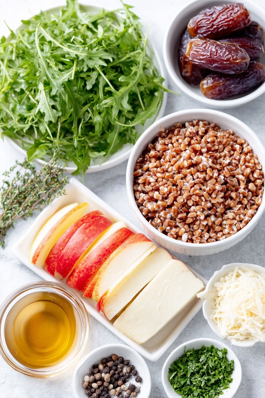 Flat lay of cooked farro grains in a simple white ceramic bowl, a small bunch of fresh green arugula leaves, vibrant purple radicchio leaves, thinly sliced bright red and yellow Honeycrisp apple slices arranged neatly on a white plate, three plump Medjool dates with their glossy brown skin, finely chopped fresh parsley in a small white bowl, roughly chopped walnuts scattered beside a small pile, delicate curls of shaved pecorino cheese on a white dish, fresh green thyme leaves scattered gently, a small white bowl with amber apple cider vinegar dressing, a pinch of coarse sea salt crystals in a white bowl, and fresh cracked black peppercorns beside it, all arranged with perfect symmetry and balanced proportions, placed on a clean white marble surface, soft natural light, photo taken with an iPhone, professional food photography style, fresh ingredients, white ceramic bowls, no bottles, no duplicates, no utensils, no packaging --ar 2:3 --v 7 --p m7354615311229779997 - Nutty Farro Salad with Apples and Arugula, healthy farro salad, apple and arugula salad recipe, nutritious grain salad, easy wholesome salads