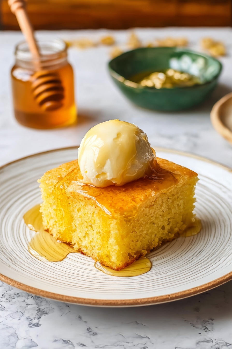 A single square piece of yellow cake with a soft, sponge-like texture sits in the center of a white plate with subtle circular lines. On top of the cake is a smooth, round scoop of pale butter melting slightly, with golden syrup drizzled over the entire piece and pooling gently on the plate. In the background, a small jar of honey with a golden lid and a green bowl filled with more syrup are visible, all set on a white marbled textured surface. Photo taken with an iphone --ar 2:3 --v 7 - Moist Cornbread with Honey, Honey Cornbread, Tender Cornbread Recipe, Sweet Cornbread, Buttery Cornbread