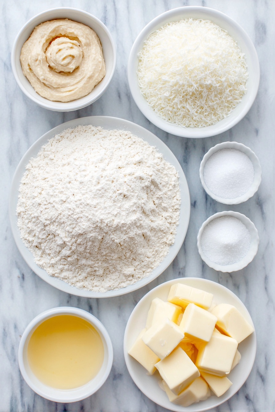 Flat lay of fresh all-purpose flour gently mounded on a simple white ceramic plate, a small white bowl with a thick pale beige active yeast paste, a few spoonfuls of white sugar on a small white bowl, a few sprinklings of coarse kosher salt scattered beside a small white bowl with white baking powder, another small white bowl holding fine white baking soda, cold butter cut into neat 1/2-inch chunks arranged on a white ceramic plate, cold shortening chunks on a separate white plate, a small white bowl filled with creamy buttermilk, and a small white bowl with golden melted butter, all placed on a clean white marble surface, soft natural light, photo taken with an iPhone, professional food photography style, fresh ingredients, white ceramic bowls, no bottles, no duplicates, no utensils, no packaging --ar 2:3 --v 7 --p m7354615311229779997 - Fluffy Angel Biscuits, fluffy biscuit recipe, easy homemade biscuits, buttery angel biscuits, tender breakfast biscuits