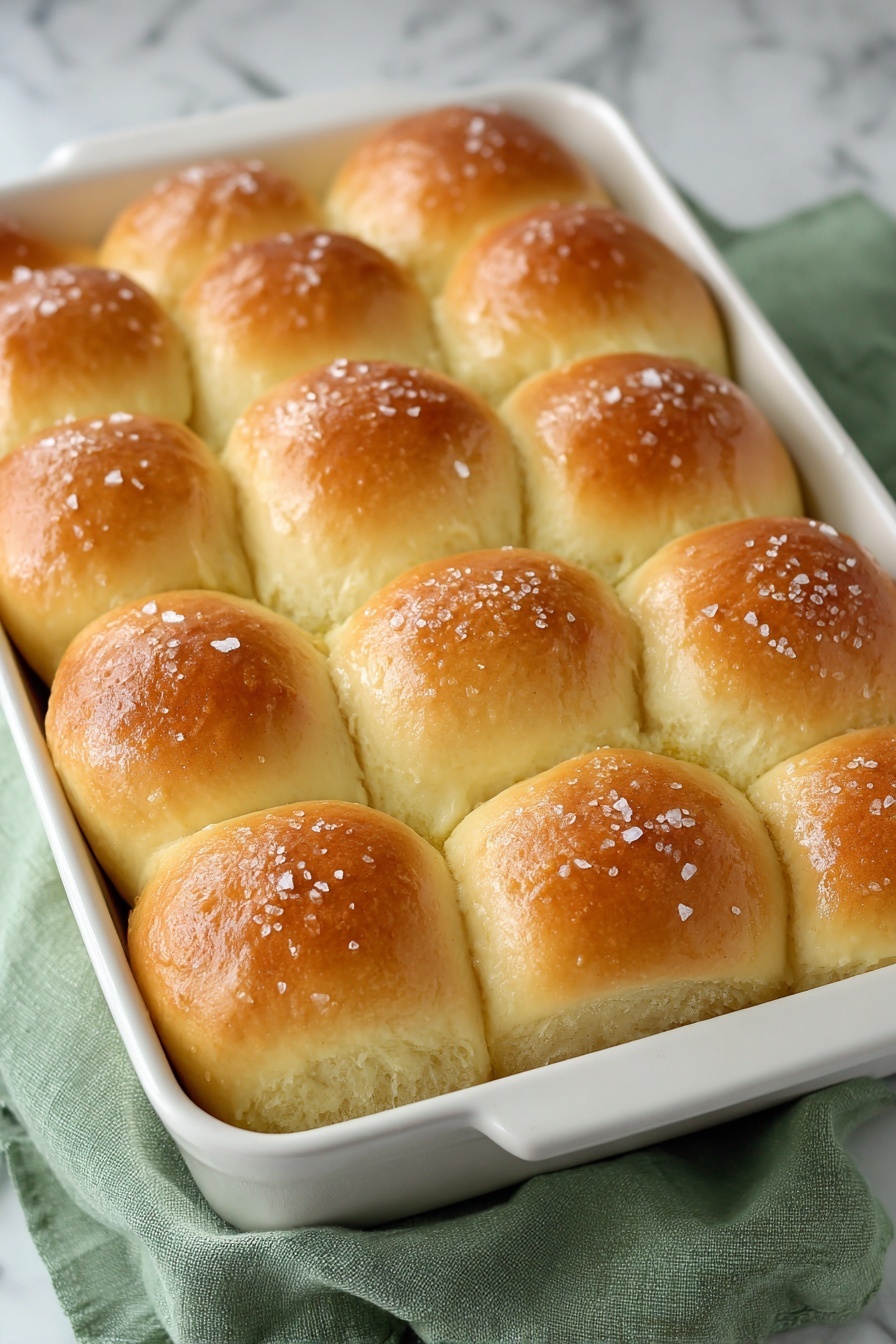 A rectangular white baking pan filled with fifteen golden brown dinner rolls arranged in three rows of five. The rolls have smooth, shiny tops with a soft, slightly puffy texture, and are sprinkled lightly with coarse salt. The baking pan sits on a folded green cloth over a white marbled surface. Photo taken with an iphone --ar 2:3 --v 7 - Sweet Potato Rolls, soft sweet potato rolls, homemade sweet potato rolls, fluffy sweet potato buns, sweet potato bread rolls